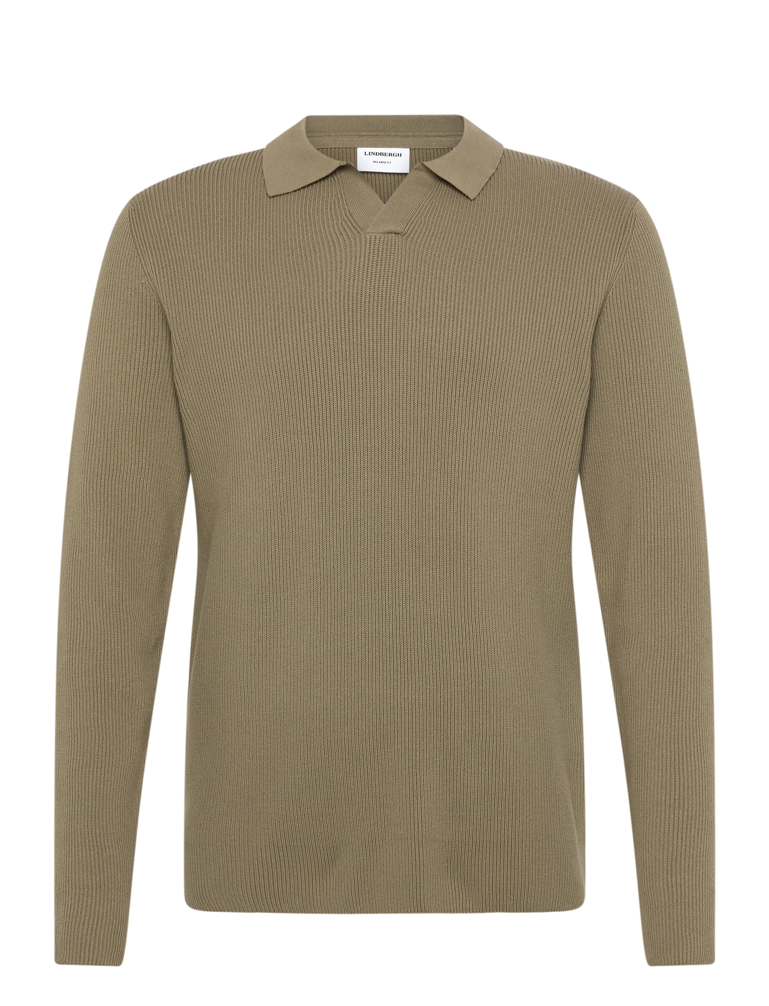LINDBERGH Rib Strick L/S V-Ausschnitt Polo Khaki - S - Herren