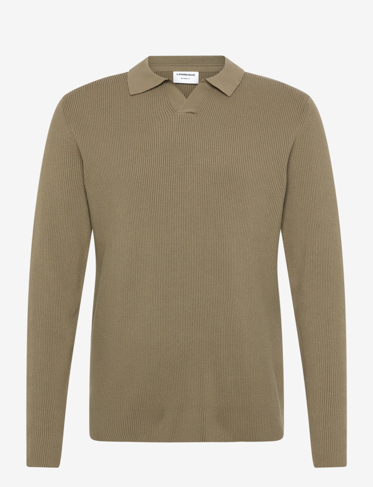Lindbergh - Rib knitted L/S v-neck polo - poloer i strik med lange ærmer - dusty army - 1