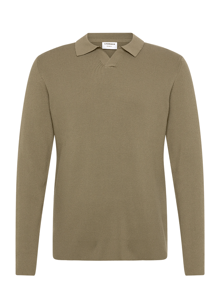 Lindbergh - Rib knitted L/S v-neck polo - pikkade varrukatega kootud polod - dusty army - 1