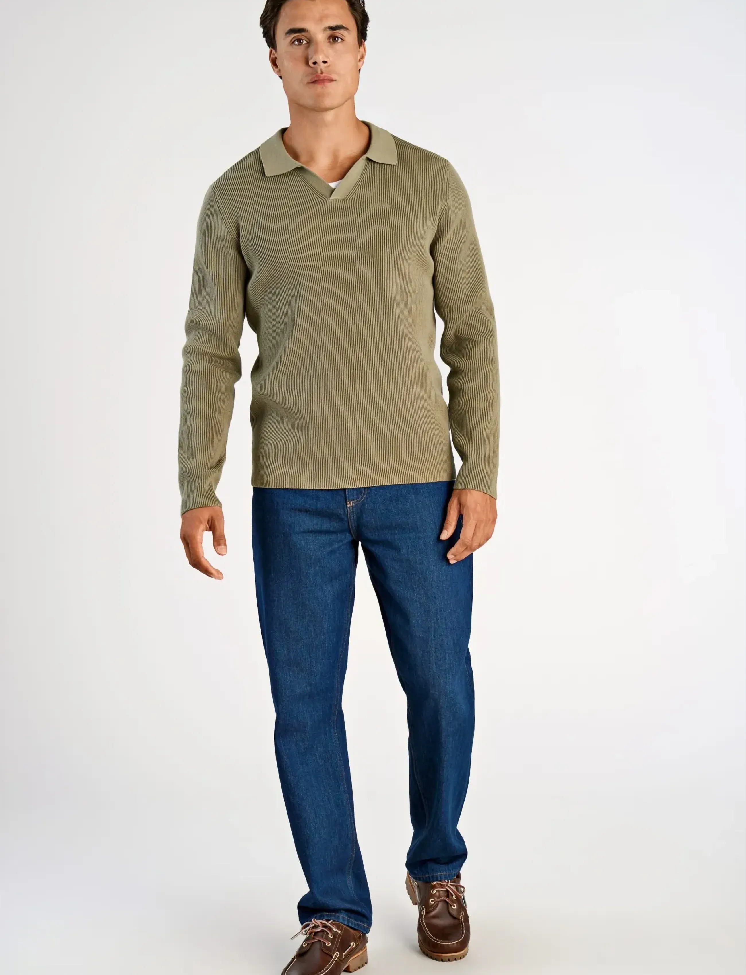 Rib Knitted L/S V-Neck Polo