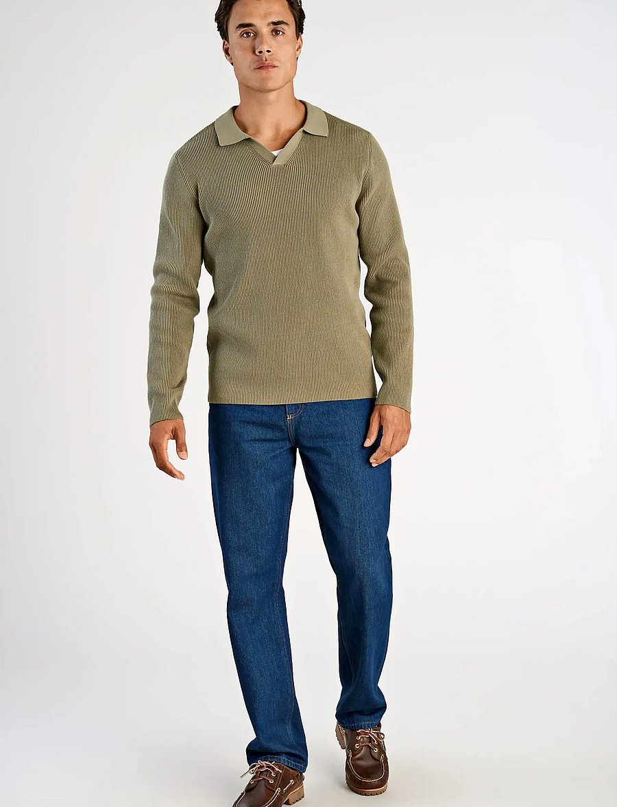 Lindbergh - Rib knitted L/S v-neck polo - pikkade varrukatega kootud polod - dusty army - 0