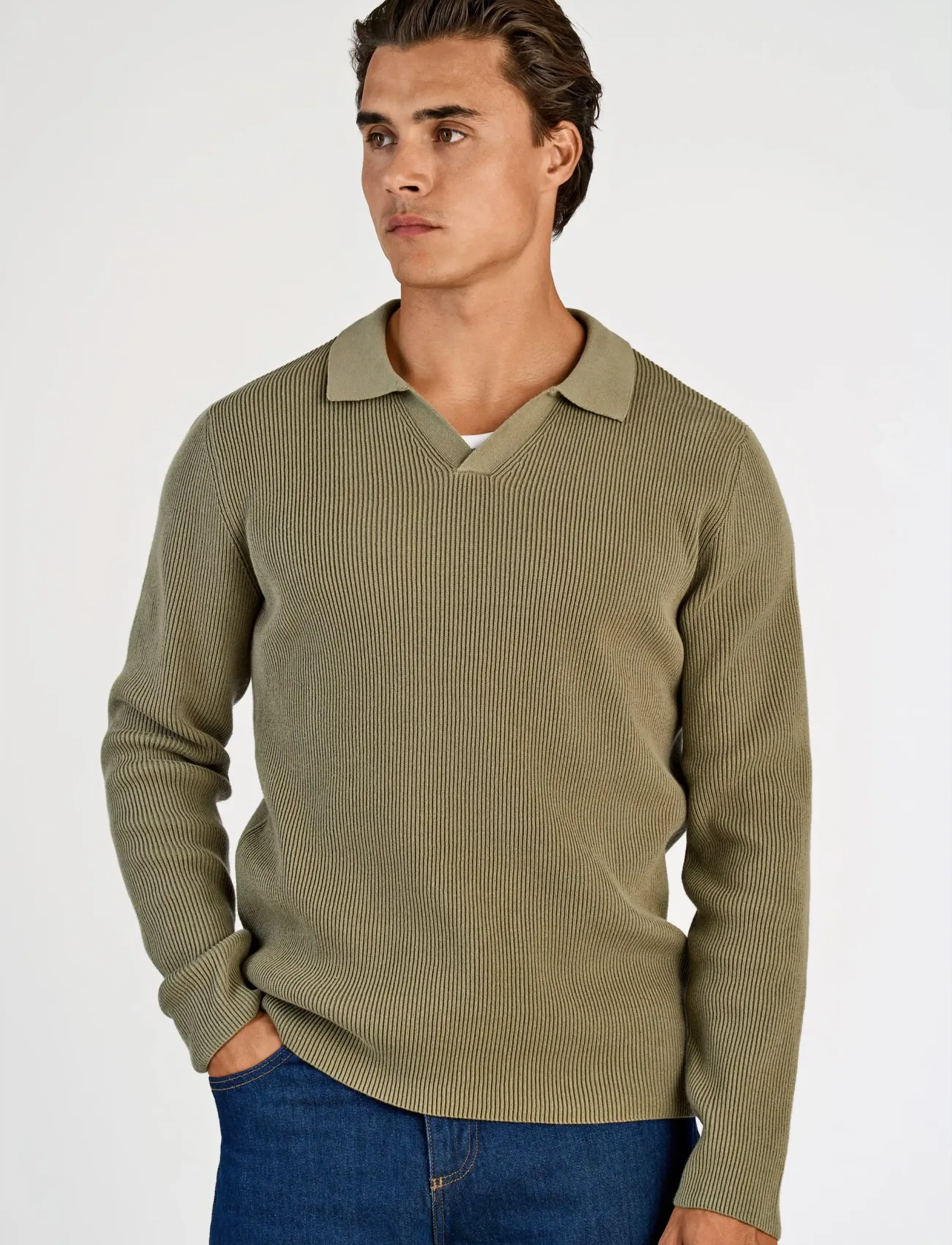 Rib Knitted L/S V-Neck Polo 2