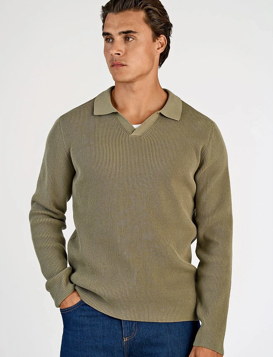 Lindbergh - Rib knitted L/S v-neck polo - pikkade varrukatega kootud polod - dusty army - 3