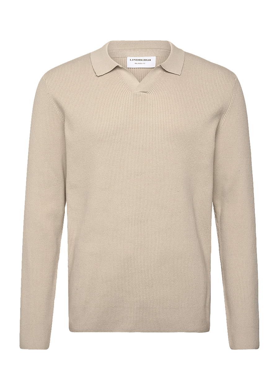 Lindbergh - Rib knitted L/S v-neck polo - long-sleeved knitted polos - lt stone grey - 1