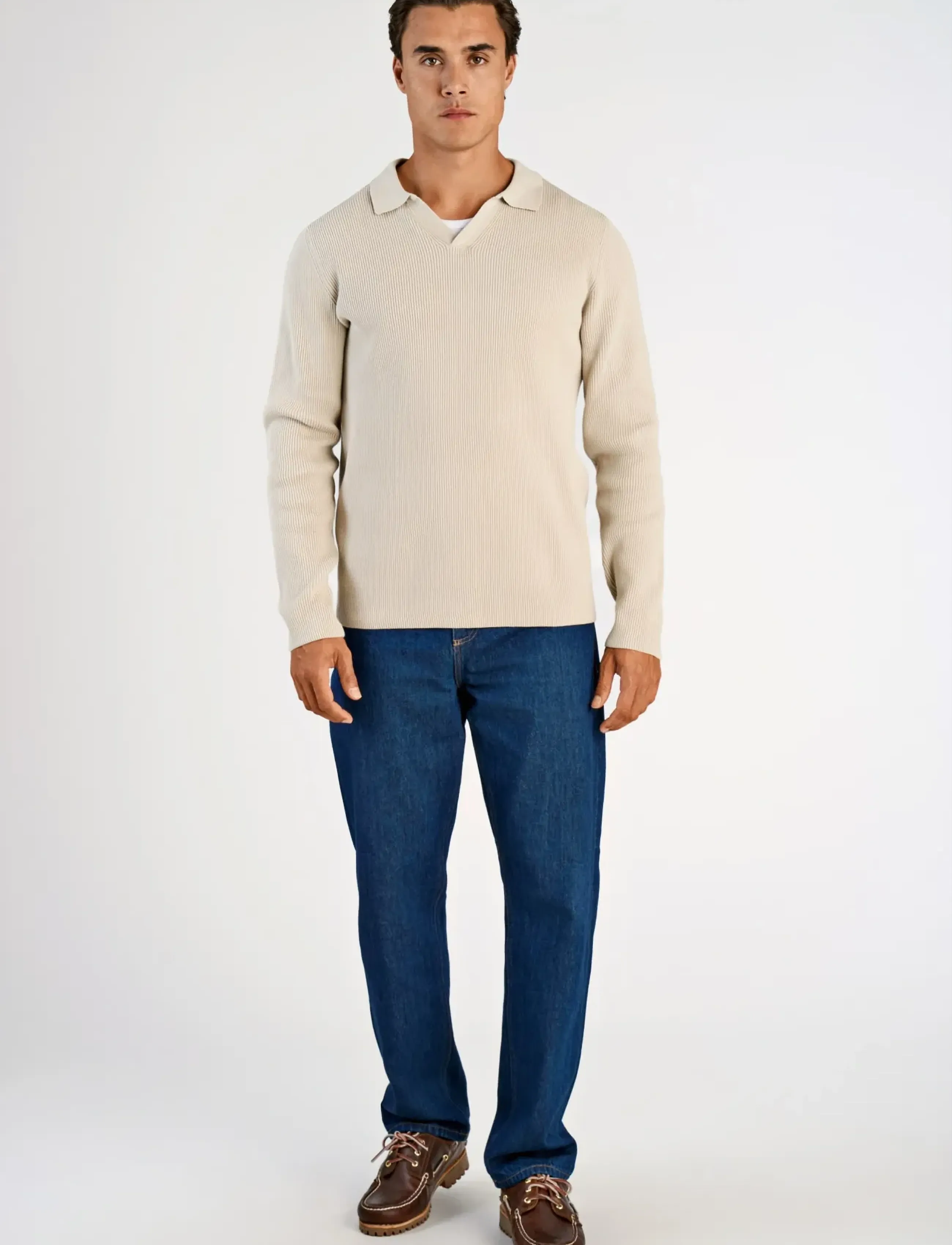 Rib Knitted L/S V-Neck Polo
