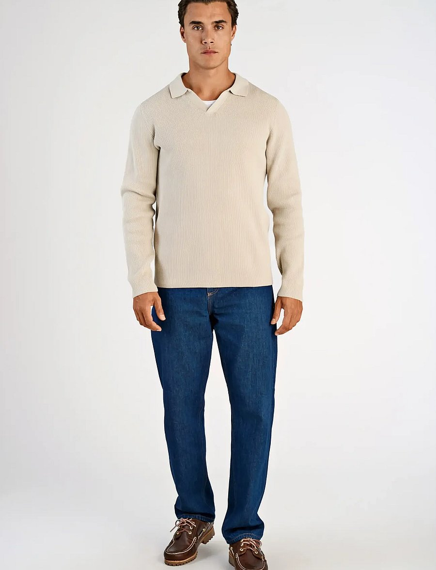 Lindbergh - Rib knitted L/S v-neck polo - long-sleeved knitted polos - lt stone grey - 0