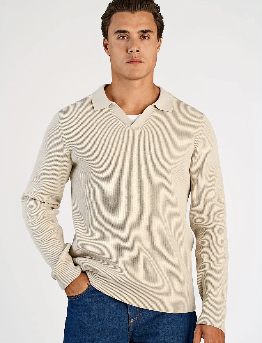 Lindbergh - Rib knitted L/S v-neck polo - long-sleeved knitted polos - lt stone grey - 3