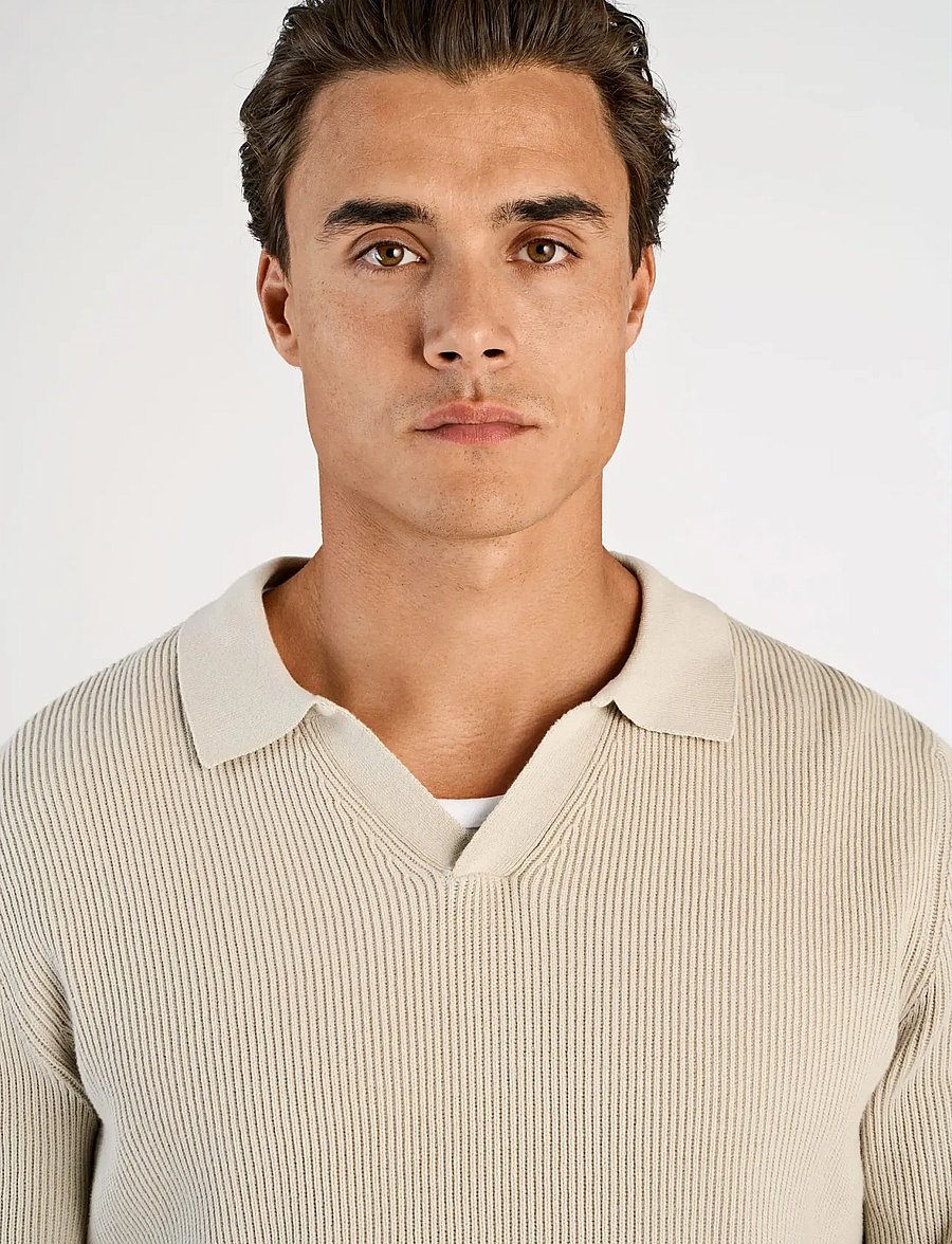 Lindbergh - Rib knitted L/S v-neck polo - long-sleeved knitted polos - lt stone grey - 5