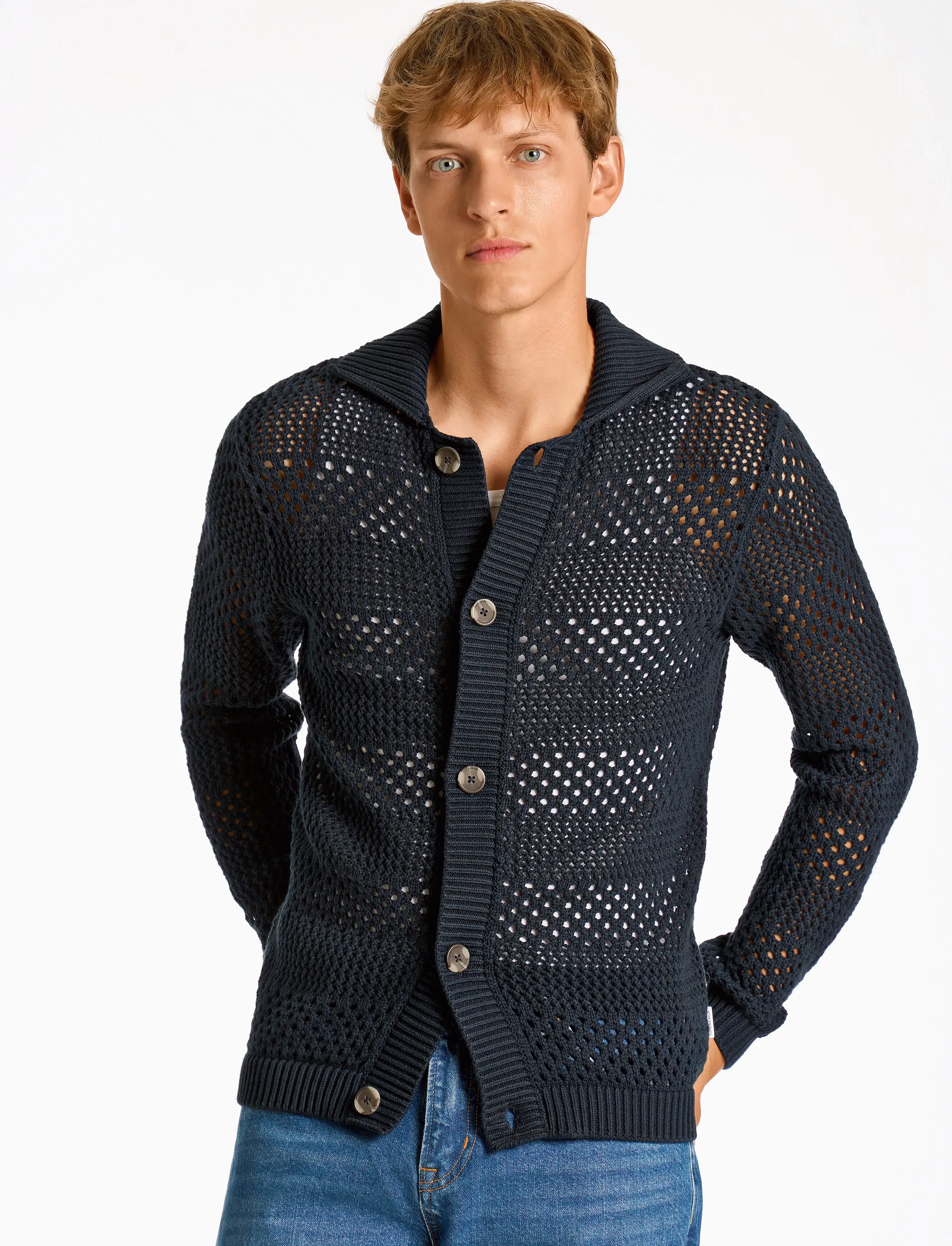 Lindbergh Crochet Cardigan, M, Black, Strik > Cardigans, Herre