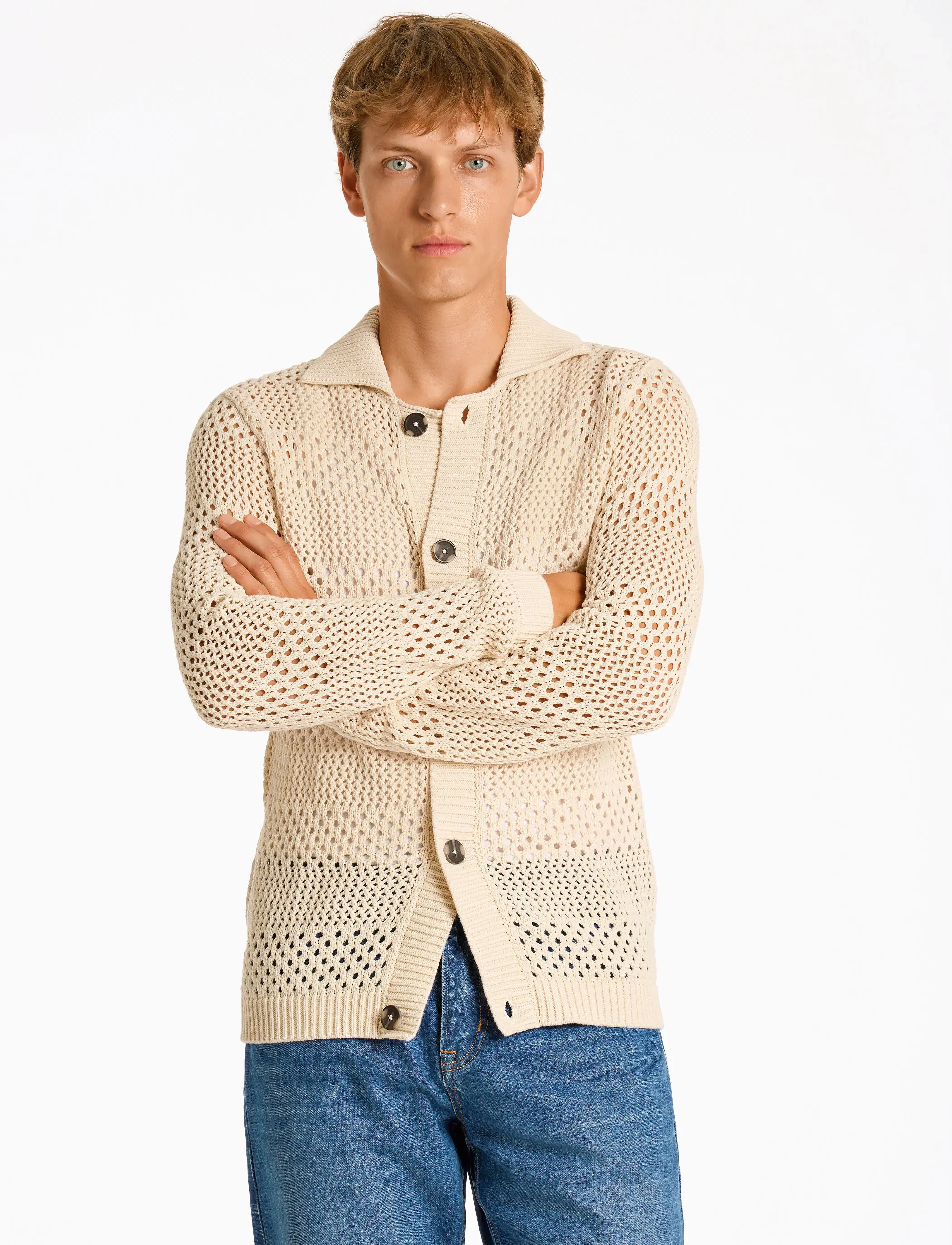 Lindbergh Crochet Cardigan, Mænd, Hæklet Sjalskrave Cardigan, Cream, Str: L