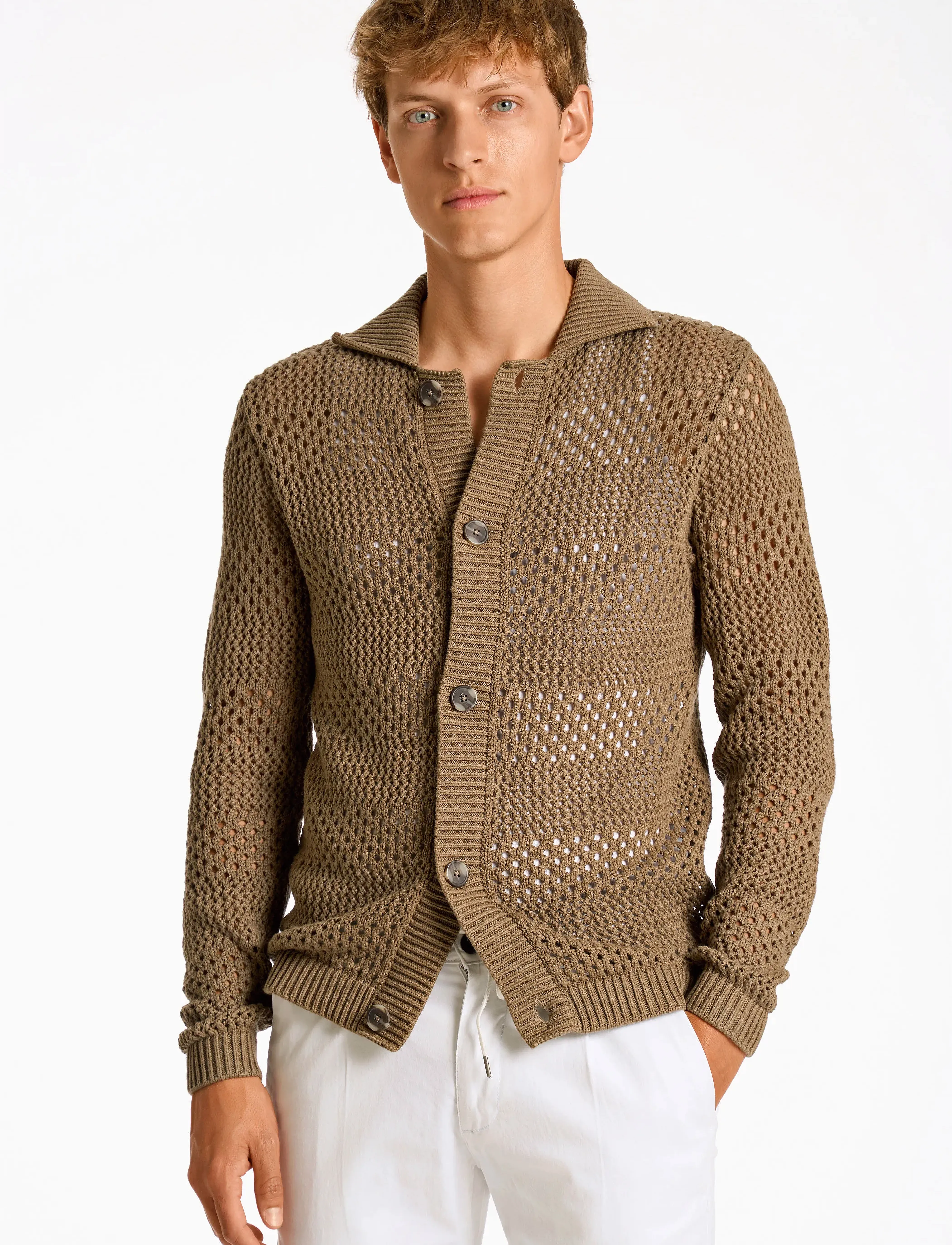 Lindbergh Crochet Cardigan, Mænd, Hæklet Sjalskrave Cardigan, Brun, Str: L