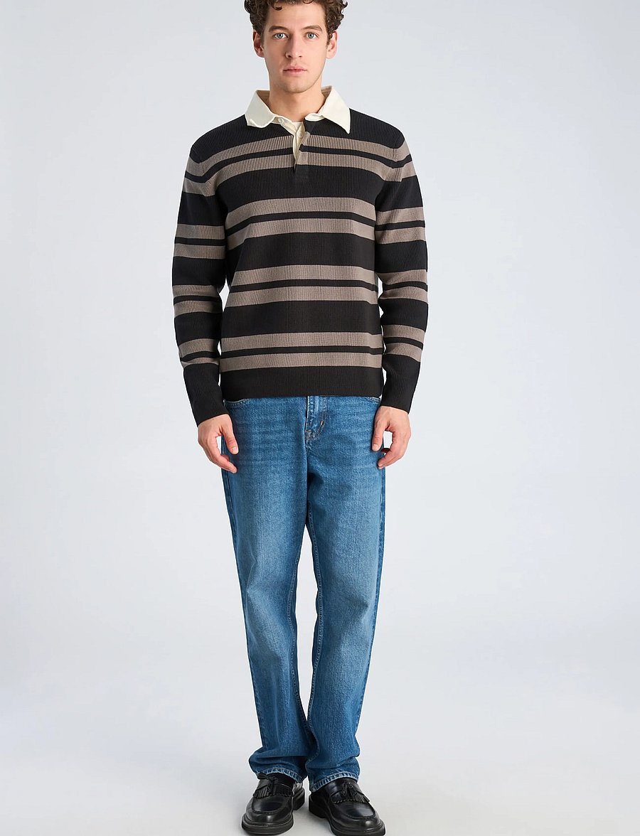 Lindbergh - Knitted striped L/S rugby shirt - black - 0