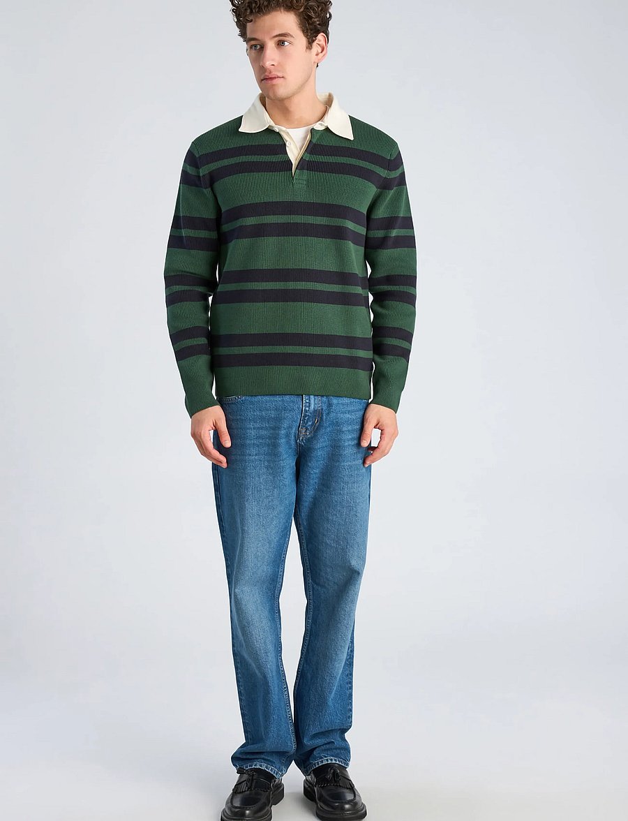 Lindbergh - Knitted striped L/S rugby shirt - dk green - 0