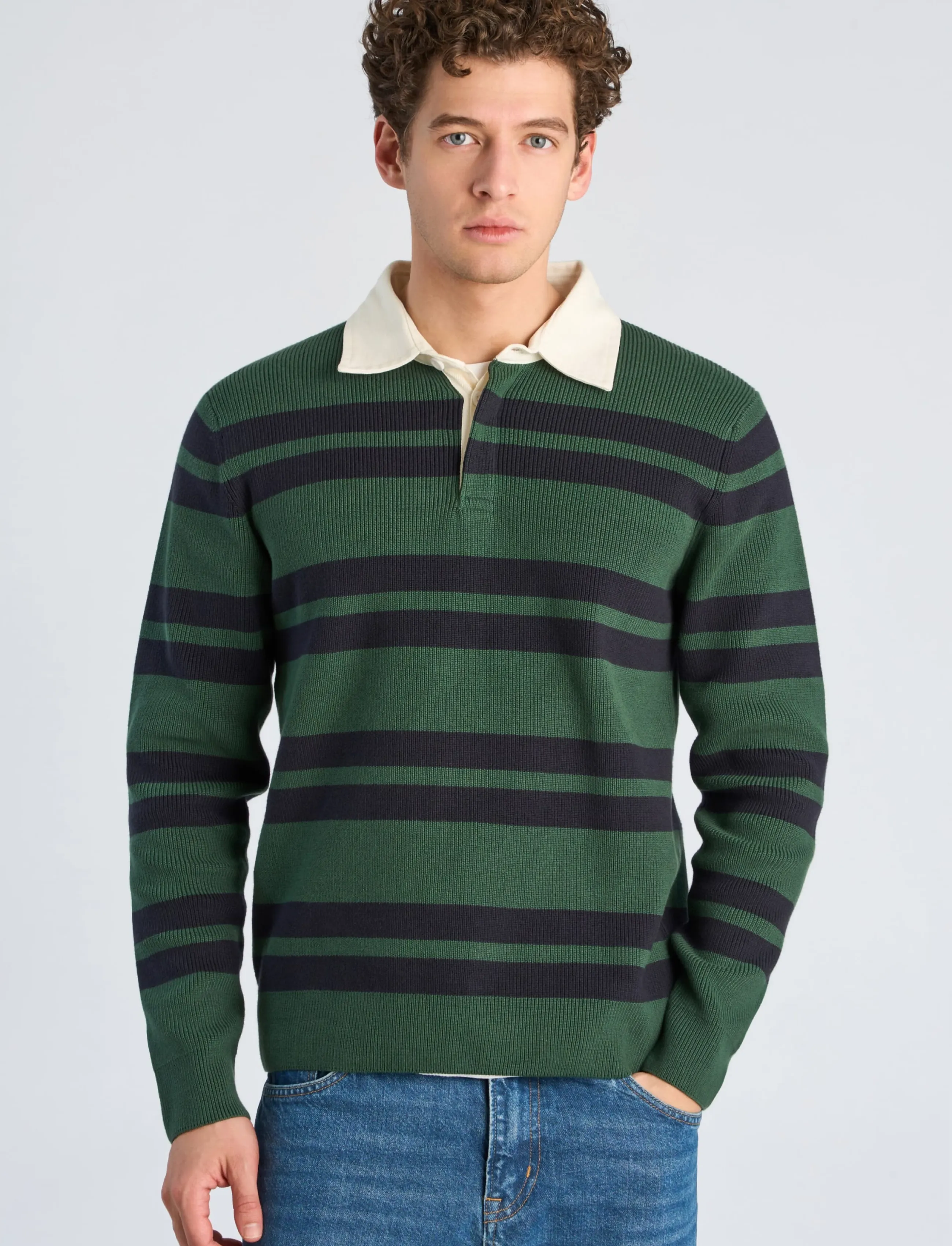 Lindbergh - Knitted striped L/S rugby shirt - dk green - 3