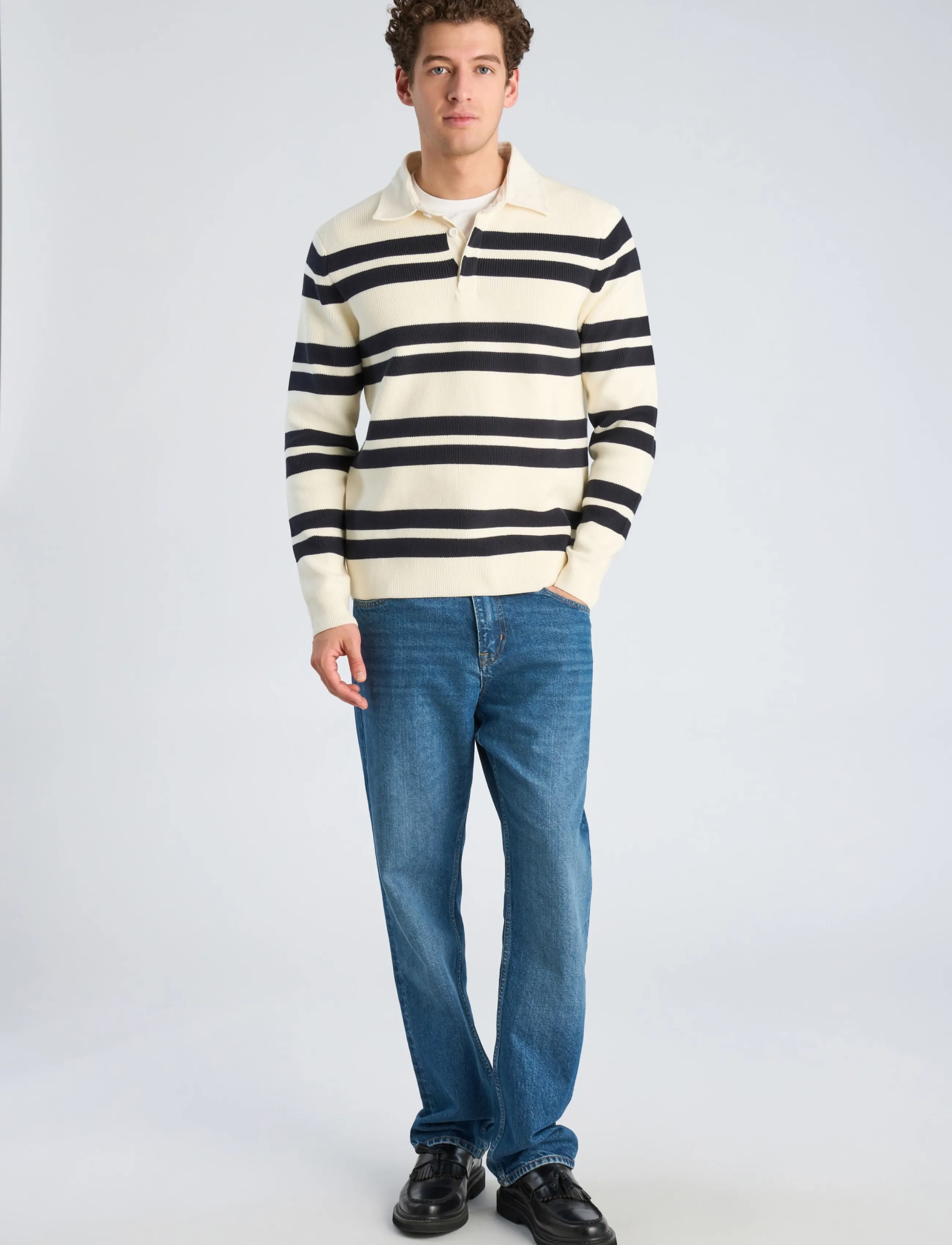 Lindbergh Knitted Striped L/S Rugby Shirt, Mænd, Strikket Stribet Langærmet Rugbyshirt, Hvid, Str: L