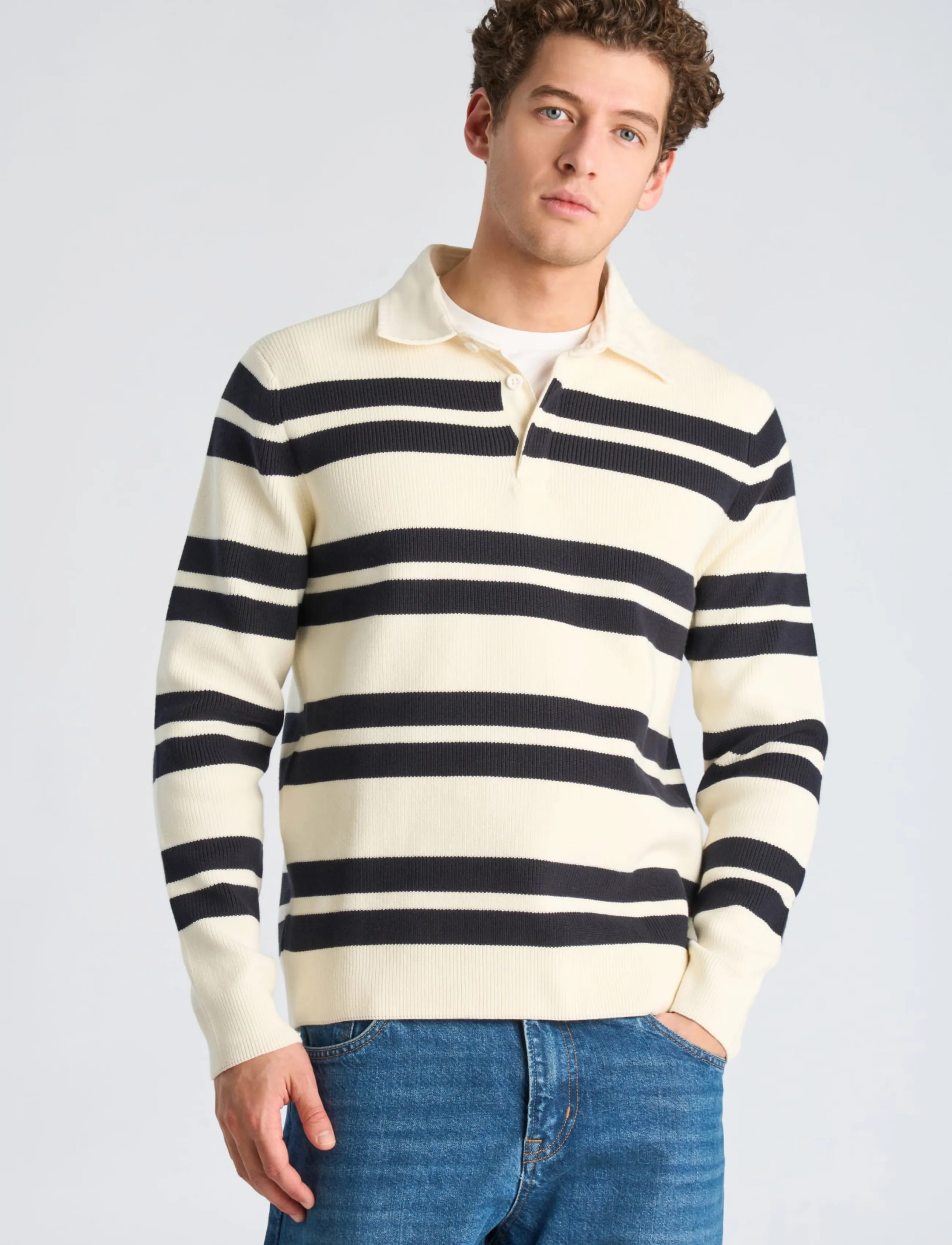 Lindbergh - Knitted striped L/S rugby shirt - pearl white - 3