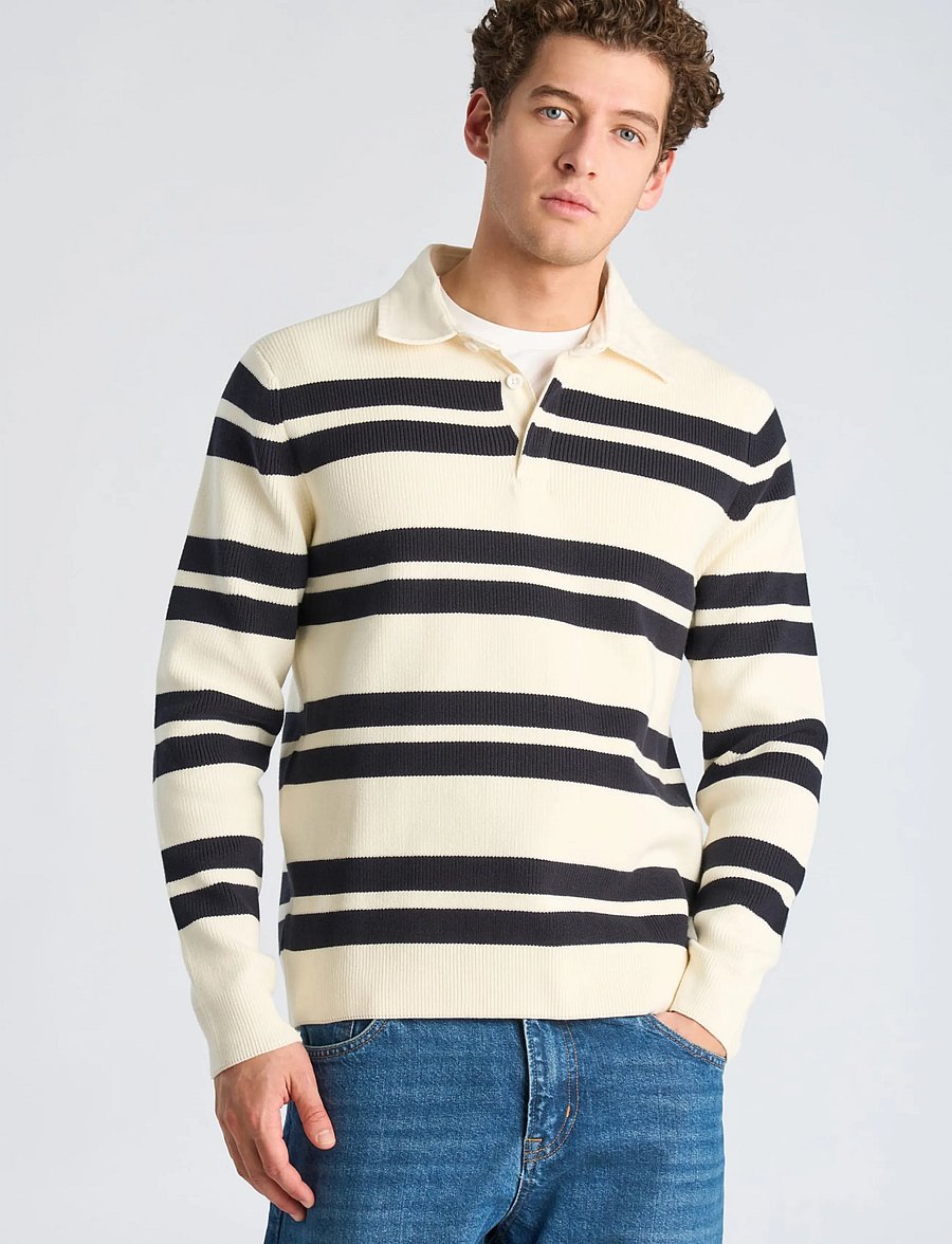 Lindbergh - Knitted striped L/S rugby shirt - pearl white - 3