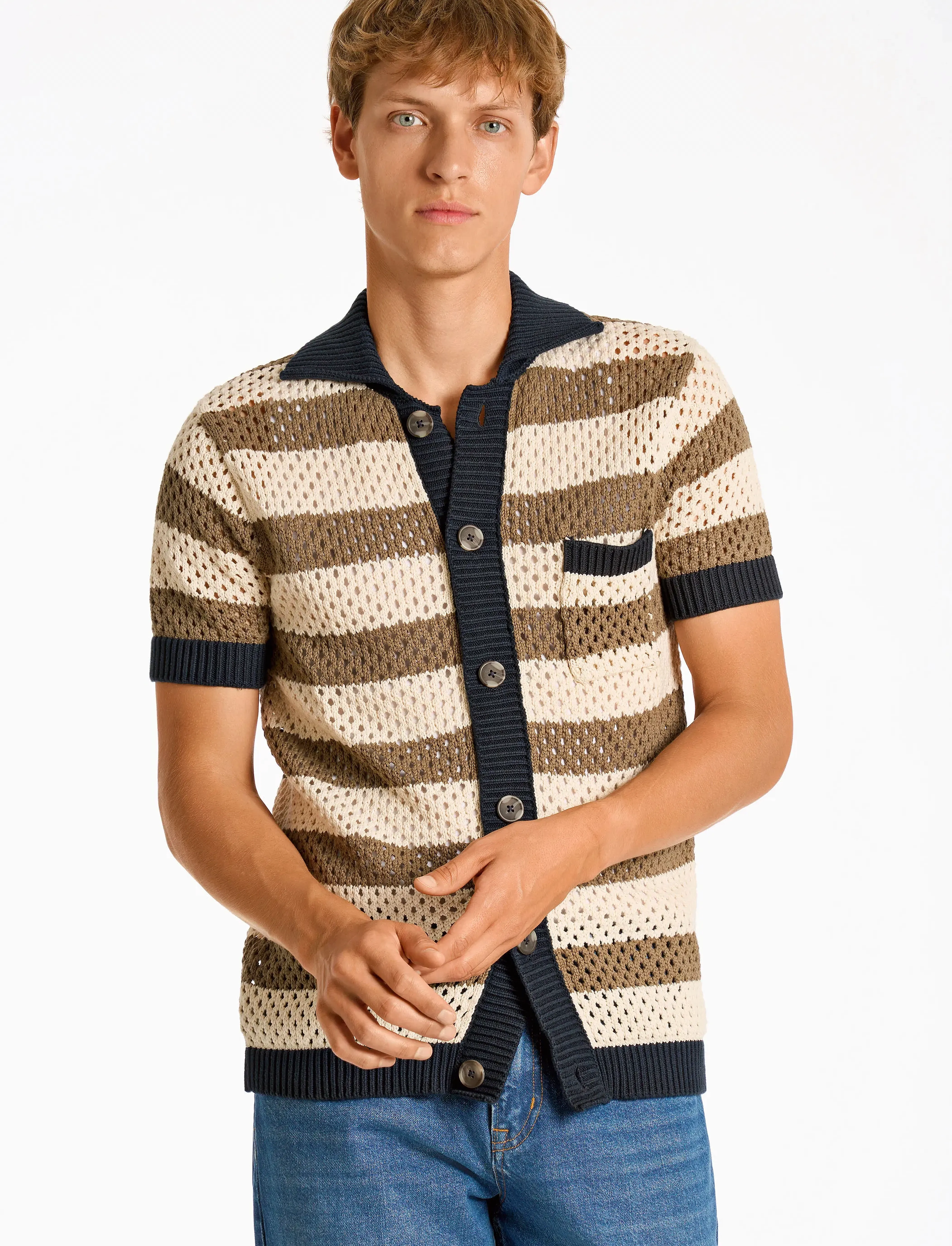 Lindbergh Crochet S/S Cardigan, Mænd, Hæklet Kortærmet Cardigan, Cream, Str: M