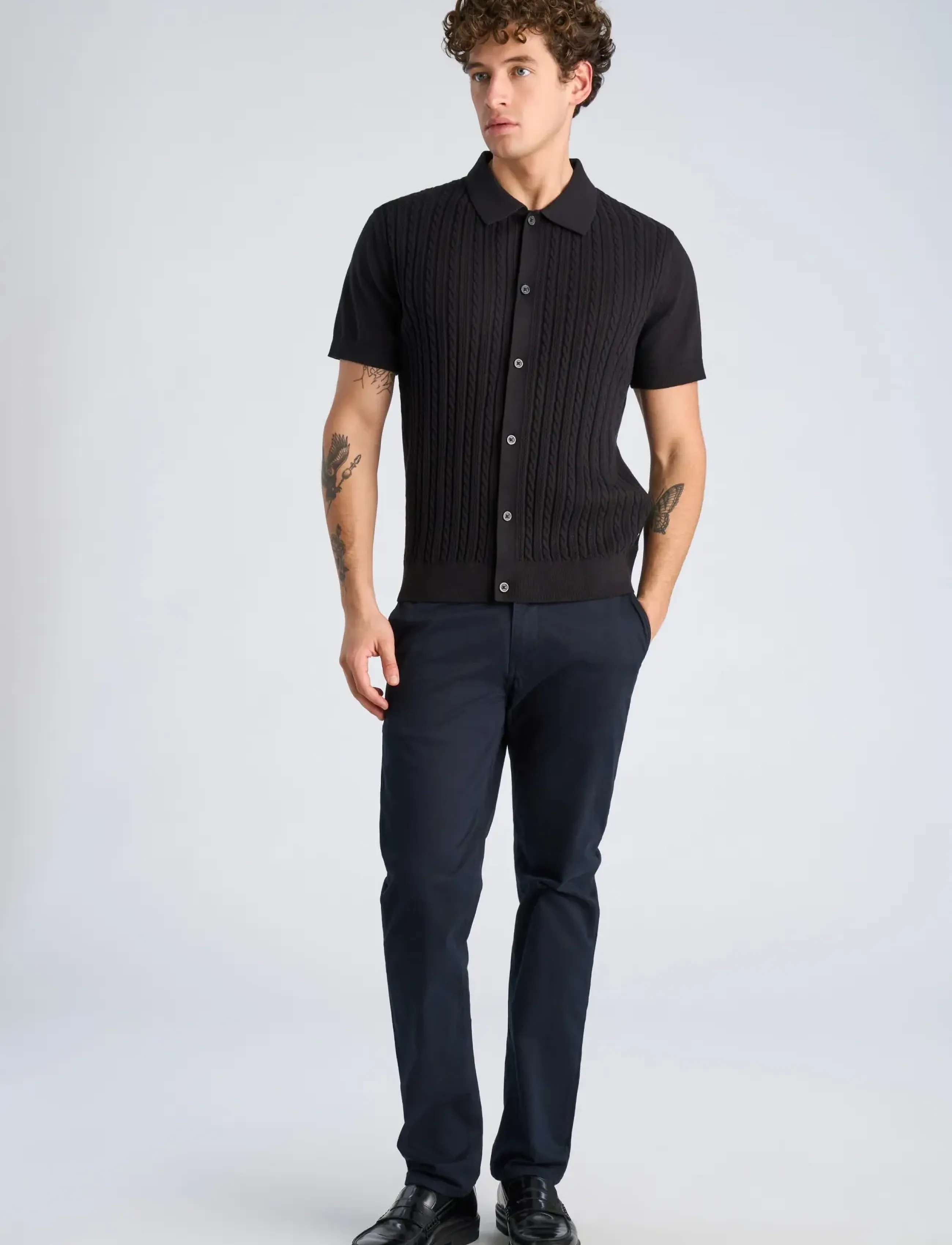 Lindbergh Knitted S/S Cable Cardigan, XL, Black, Strik > Cardigans, Herre