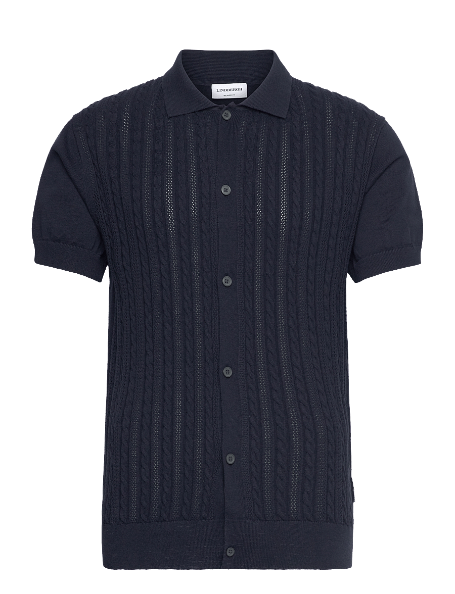 Lindbergh - Knitted S/S cable cardigan - short-sleeved shirts - navy - 0