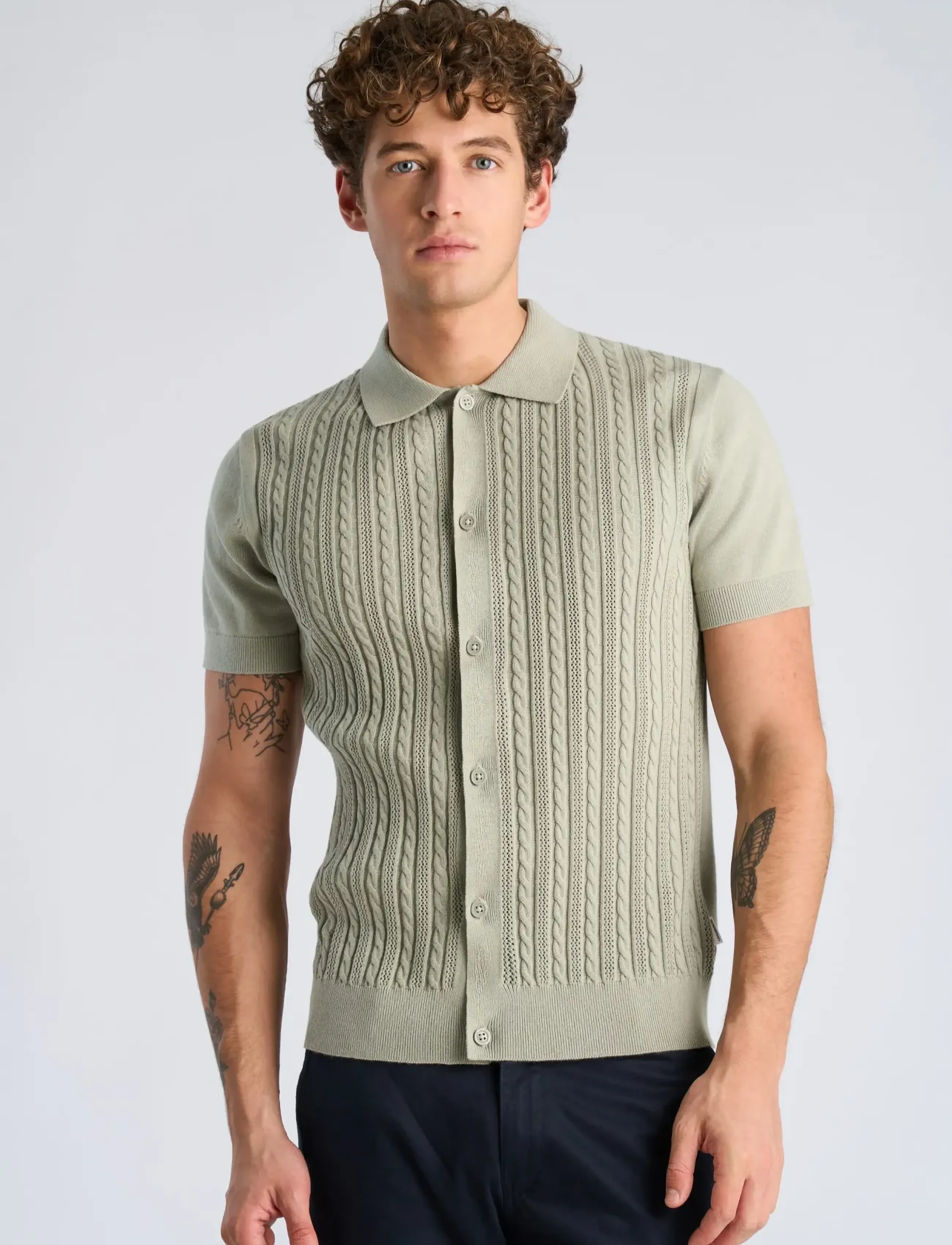 Lindbergh - Knitted S/S cable cardigan - kurzarmhemden - sage green - 3