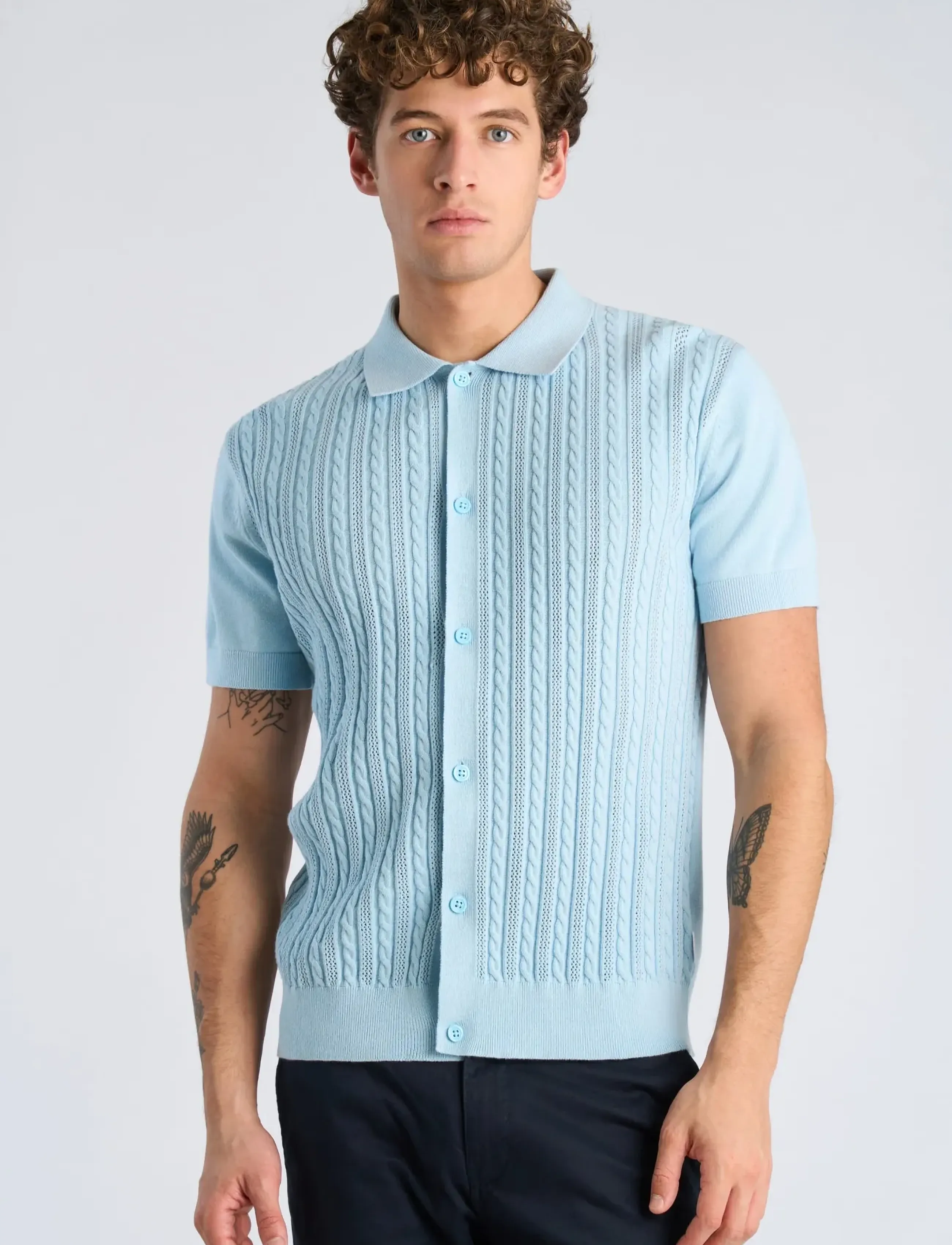 Lindbergh - Knitted S/S cable cardigan - kurzarmhemden - sky blue - 3