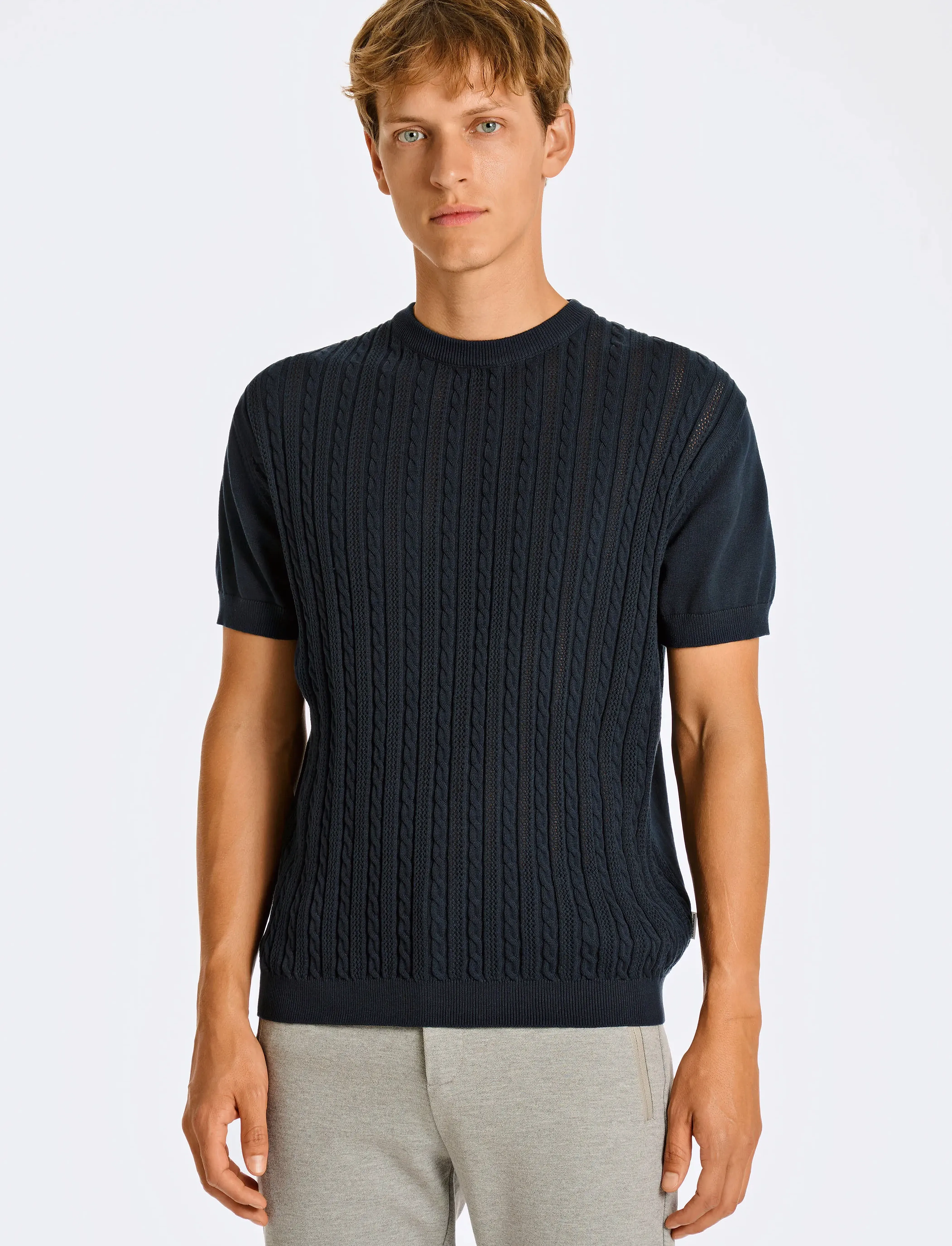 Lindbergh Knitted S/S O-Neck Tee, M, T-shirts, Marineblau - Short-sleeved, Männerswear