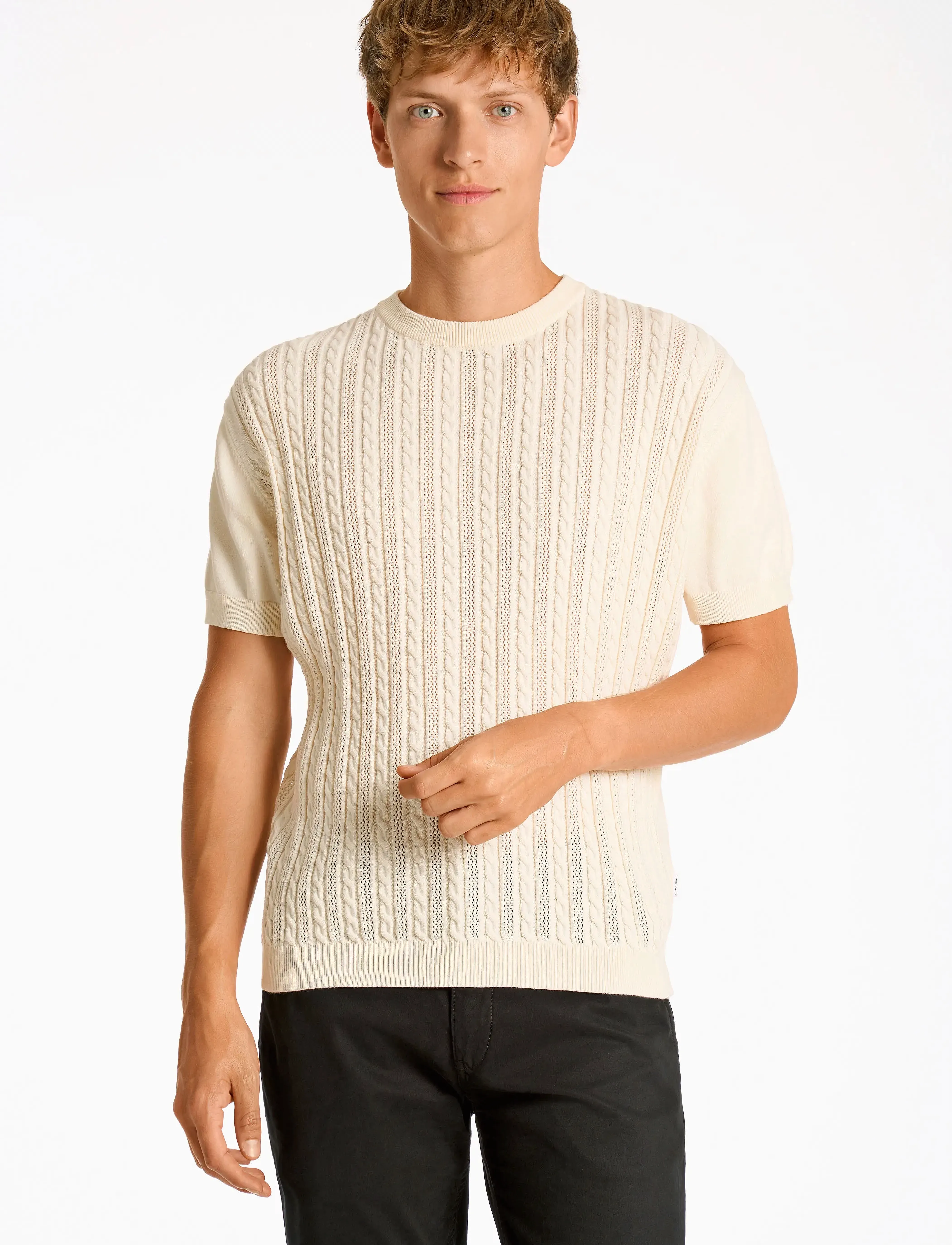 Lindbergh Knitted S/S o-neck tee - Danska märken - PEARL WHITE / cream