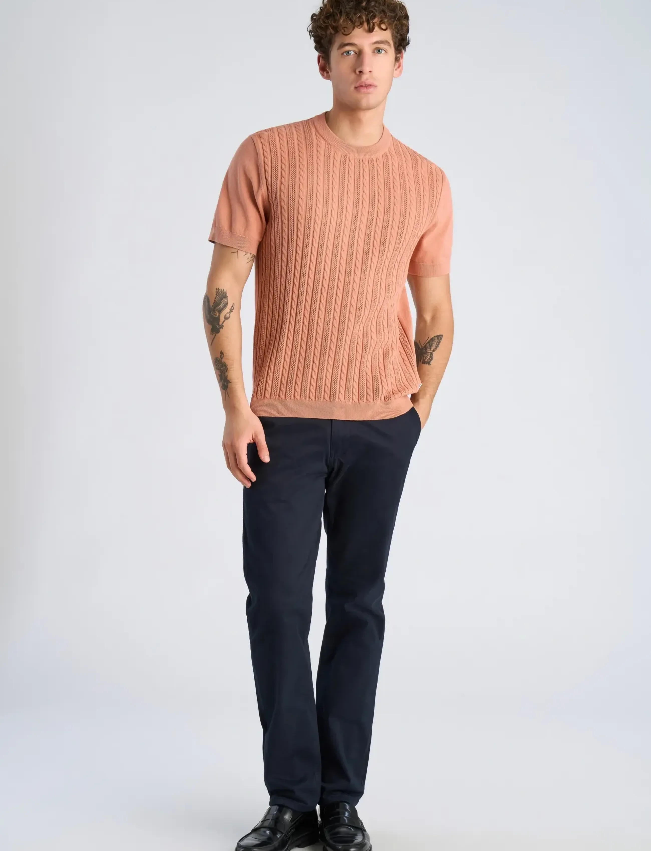 Lindbergh Knitted S/S o-neck tee - T-Shirts - ROSE / coral