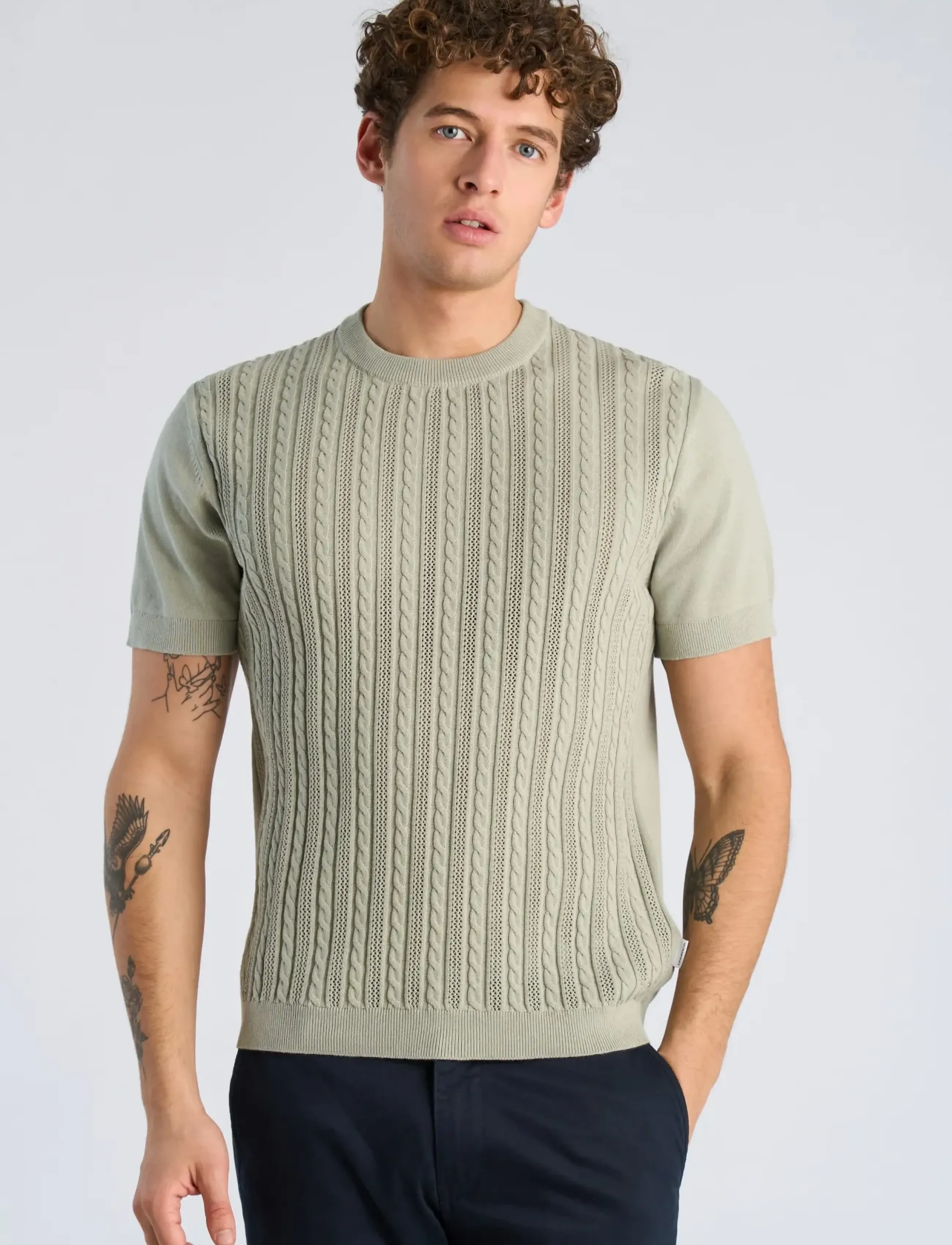 Lindbergh - Knitted S/S o-neck tee - gestrickte polohemden - sage green - 3