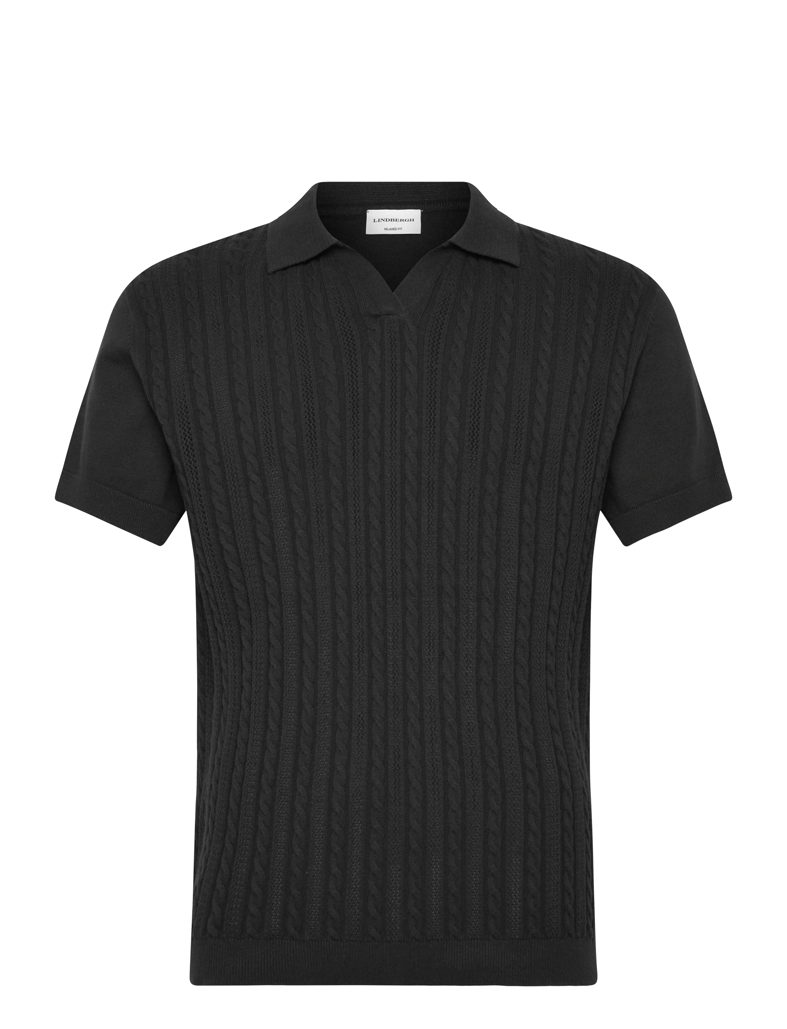 LINDBERGH Strick S/S Cable V-Ausschnitt Polo Schwarz - M - Herren