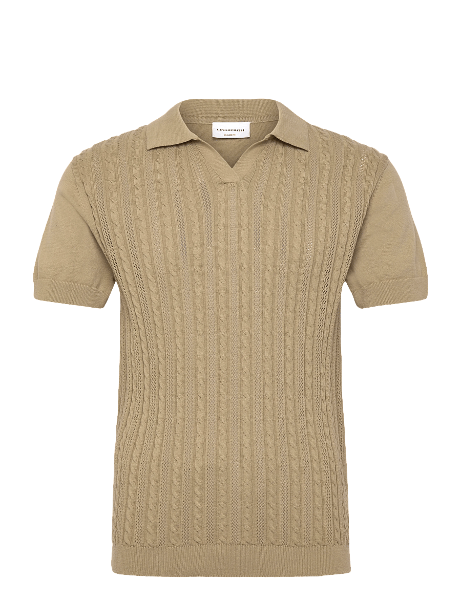 Lindbergh - Knitted S/S cable v-neck polo - knitted polos - dusty green - 1