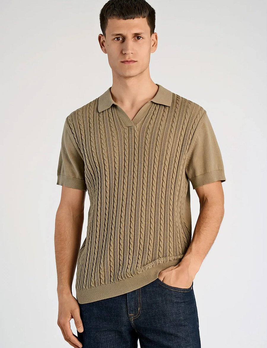 Lindbergh - Knitted S/S cable v-neck polo - knitted polos - dusty green - 3