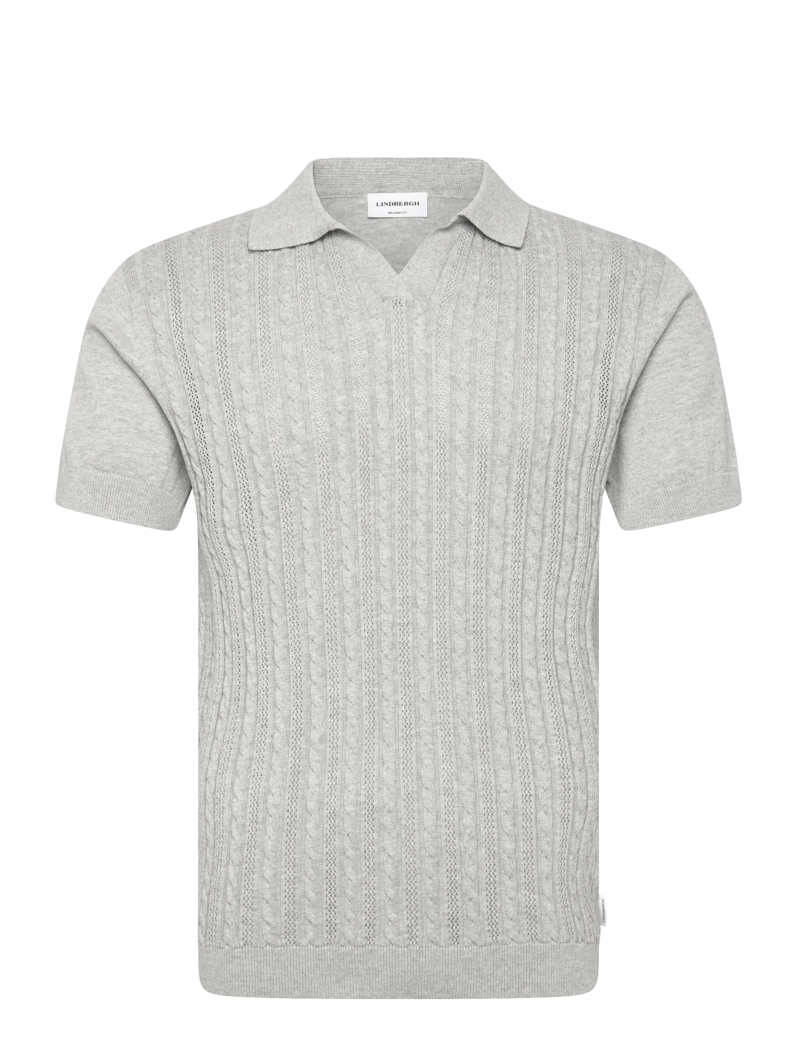 Lindbergh Knitted S/S cable v-neck polo - Trøjer - GREY MEL / grey