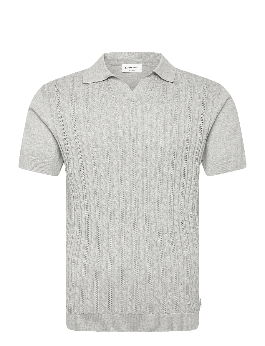 Lindbergh - Knitted S/S cable v-neck polo - knitted polos - grey mel - 1