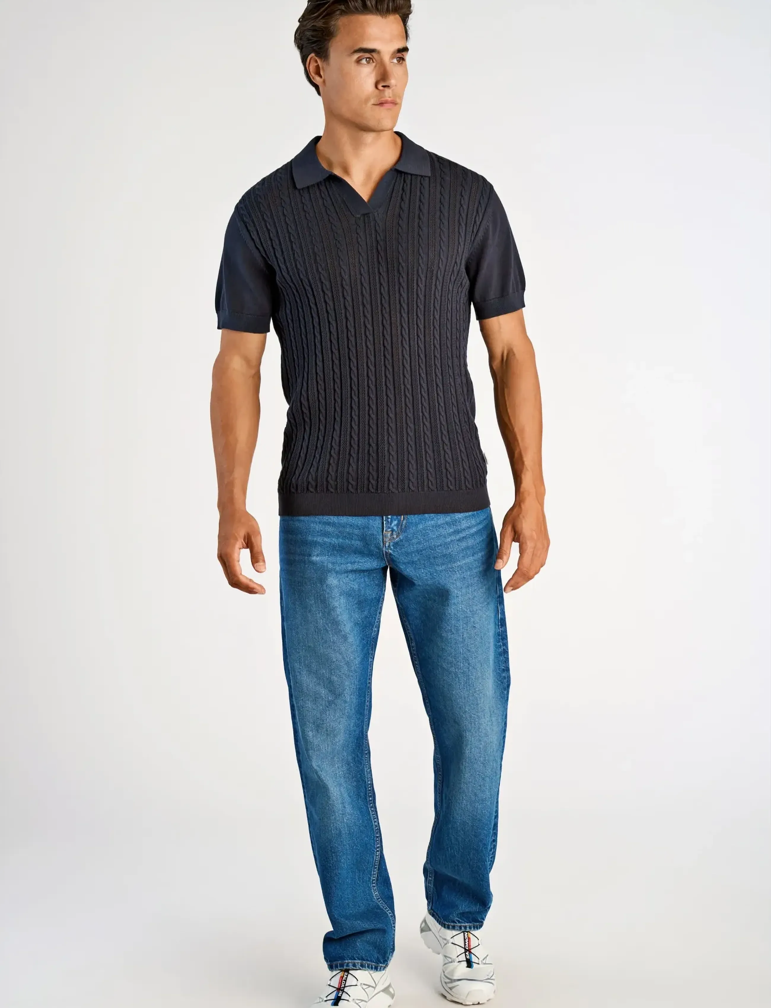 Lindbergh Knitted S/S Cable V-Neck Polo, L, Navy, Poloer > Kortærmede, Herre