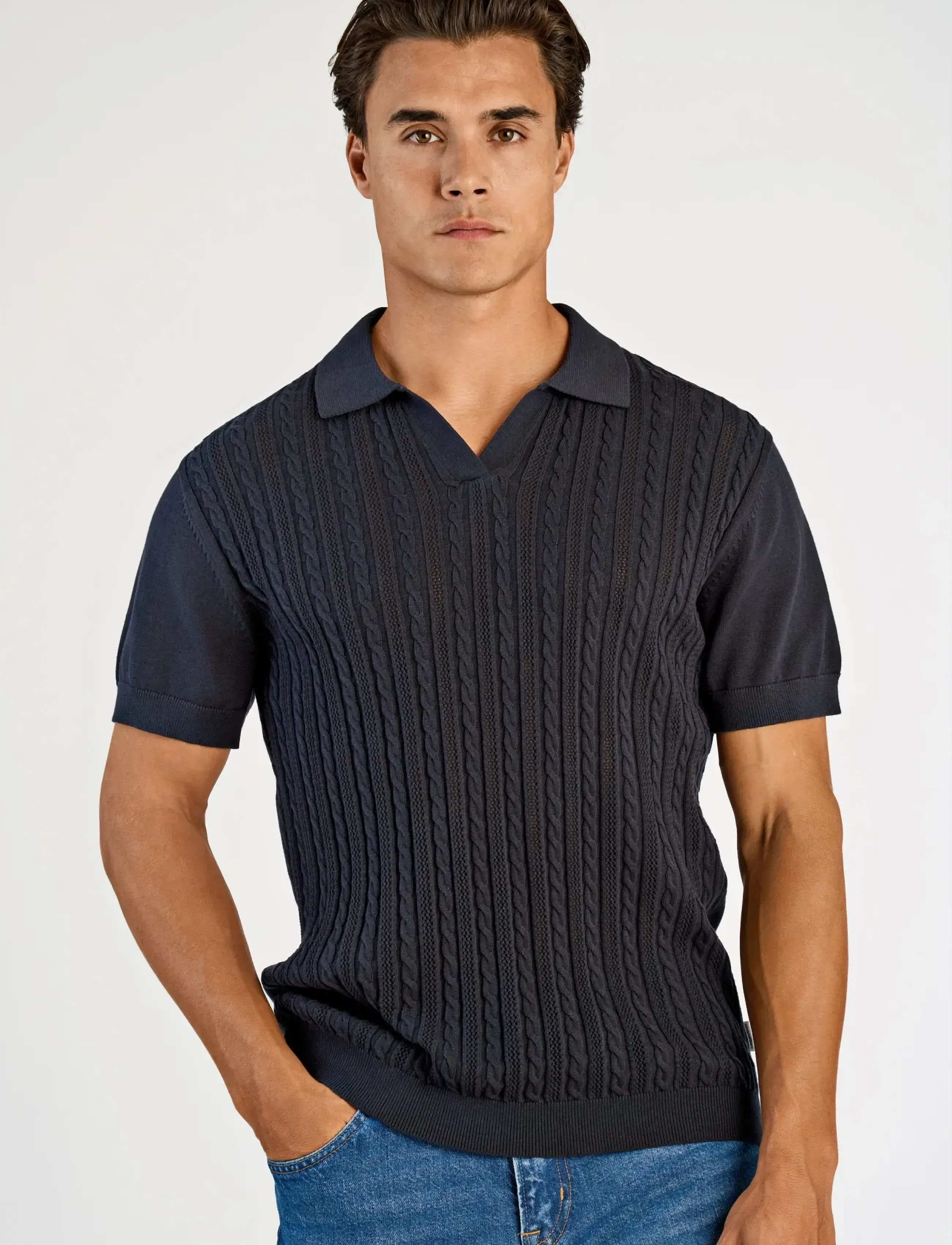 Knitted S/S Cable V-Neck Polo 2