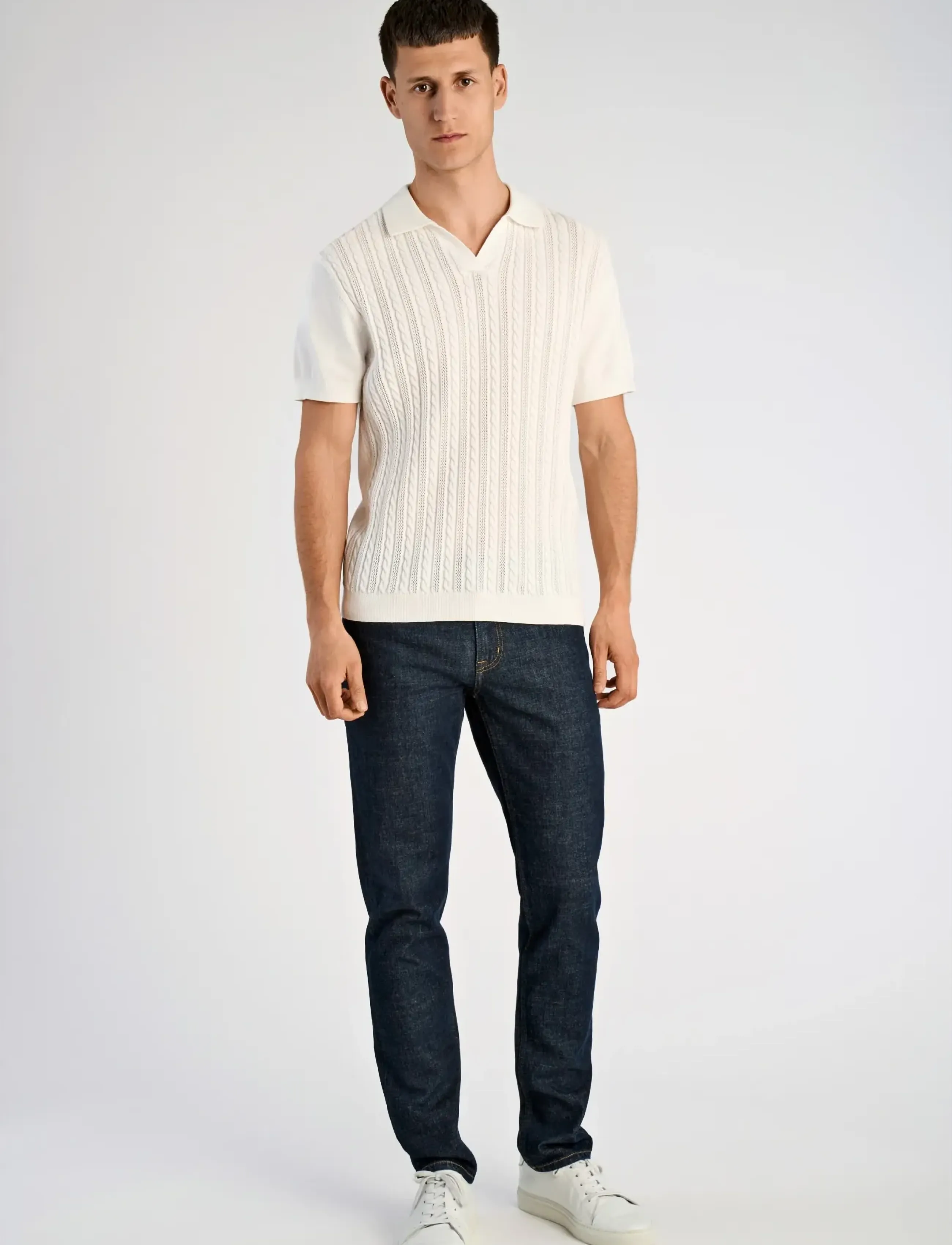 Lindbergh Knitted S/S Cable V-Neck Polo, XXL, Polos, Weiß - Short-sleeved, Männerswear
