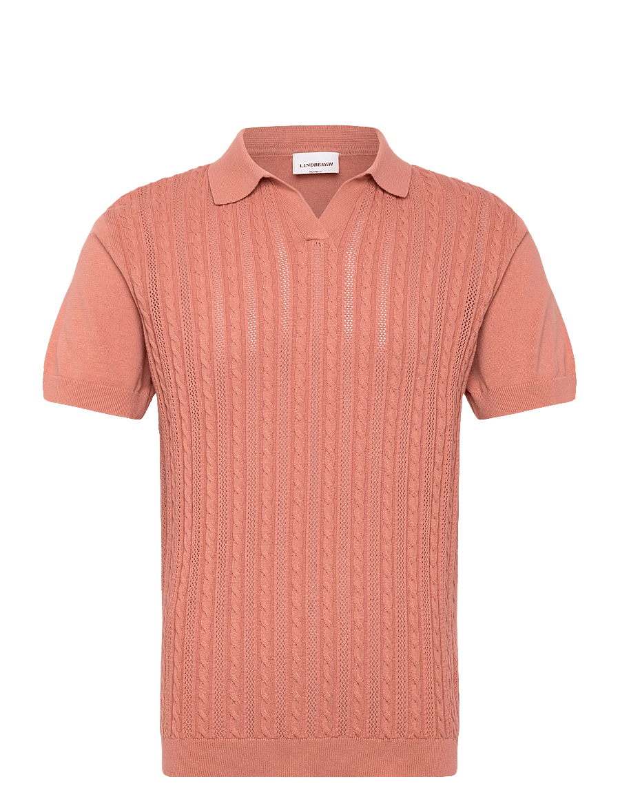 Lindbergh - Knitted S/S cable v-neck polo - knitted polos - rose - 1