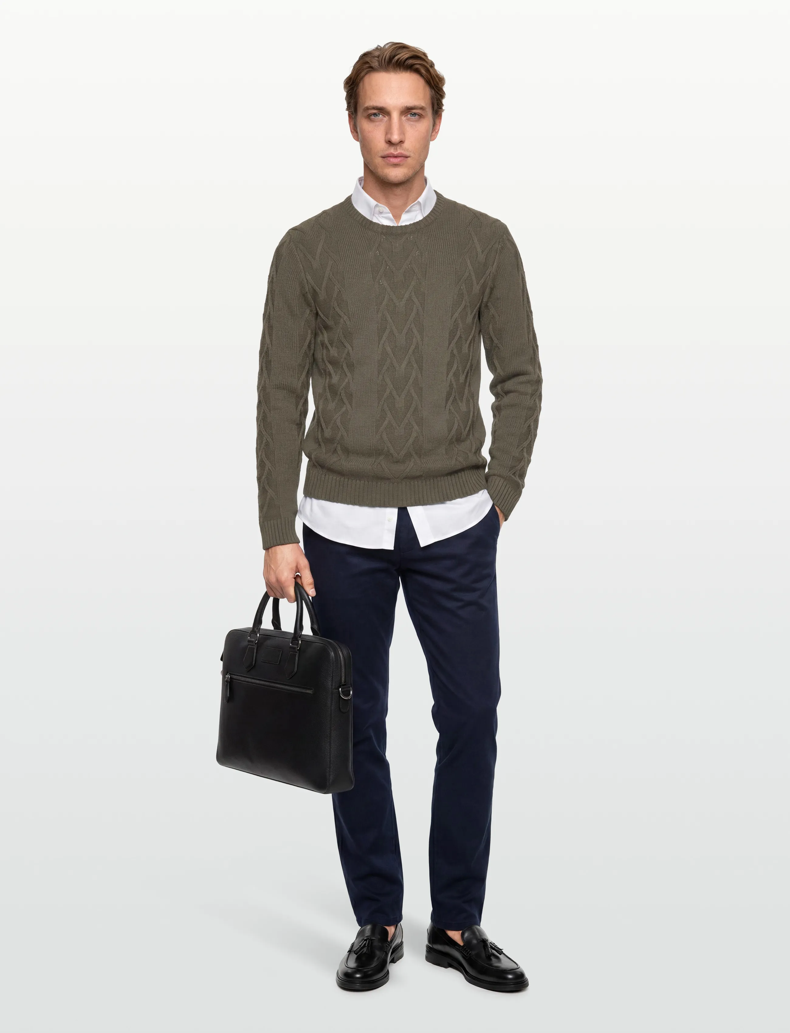 Lindbergh Cable O-Neck Knit, Mænd, Kabelstrikket Sweater, Kakigrøn, Str: L