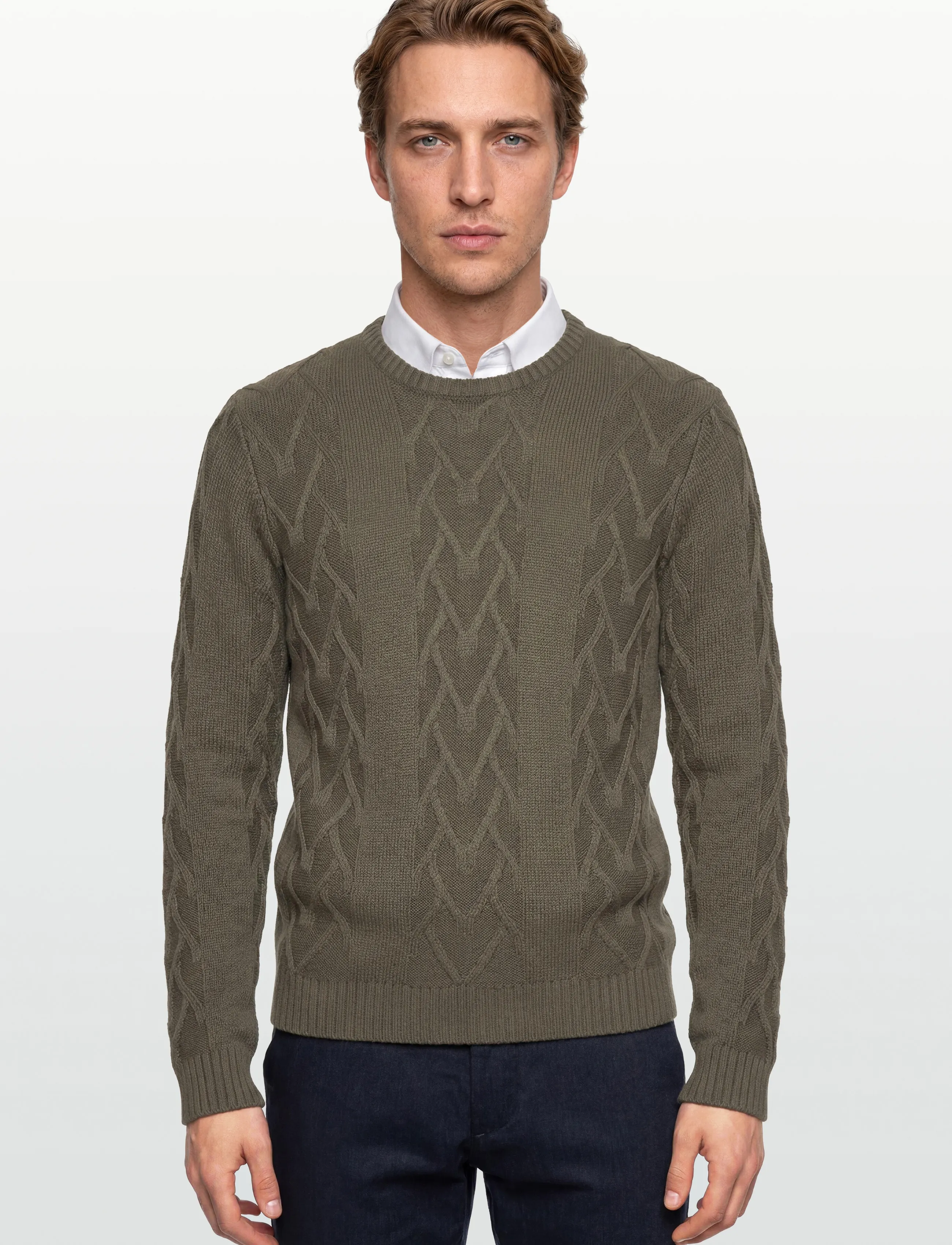 Lindbergh - Cable o-neck knit - basic-strickmode - army mel - 3