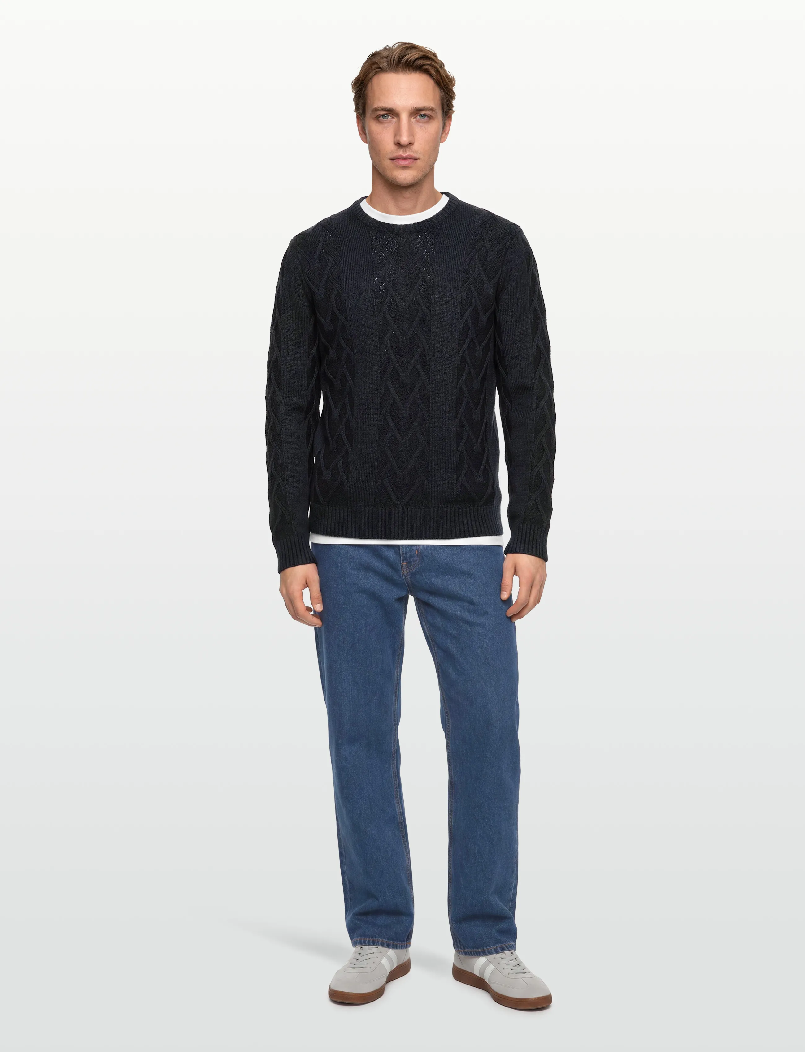Lindbergh Cable O-Neck Knit, Mænd, Kabelstrikket Sweater, Navy, Str: M