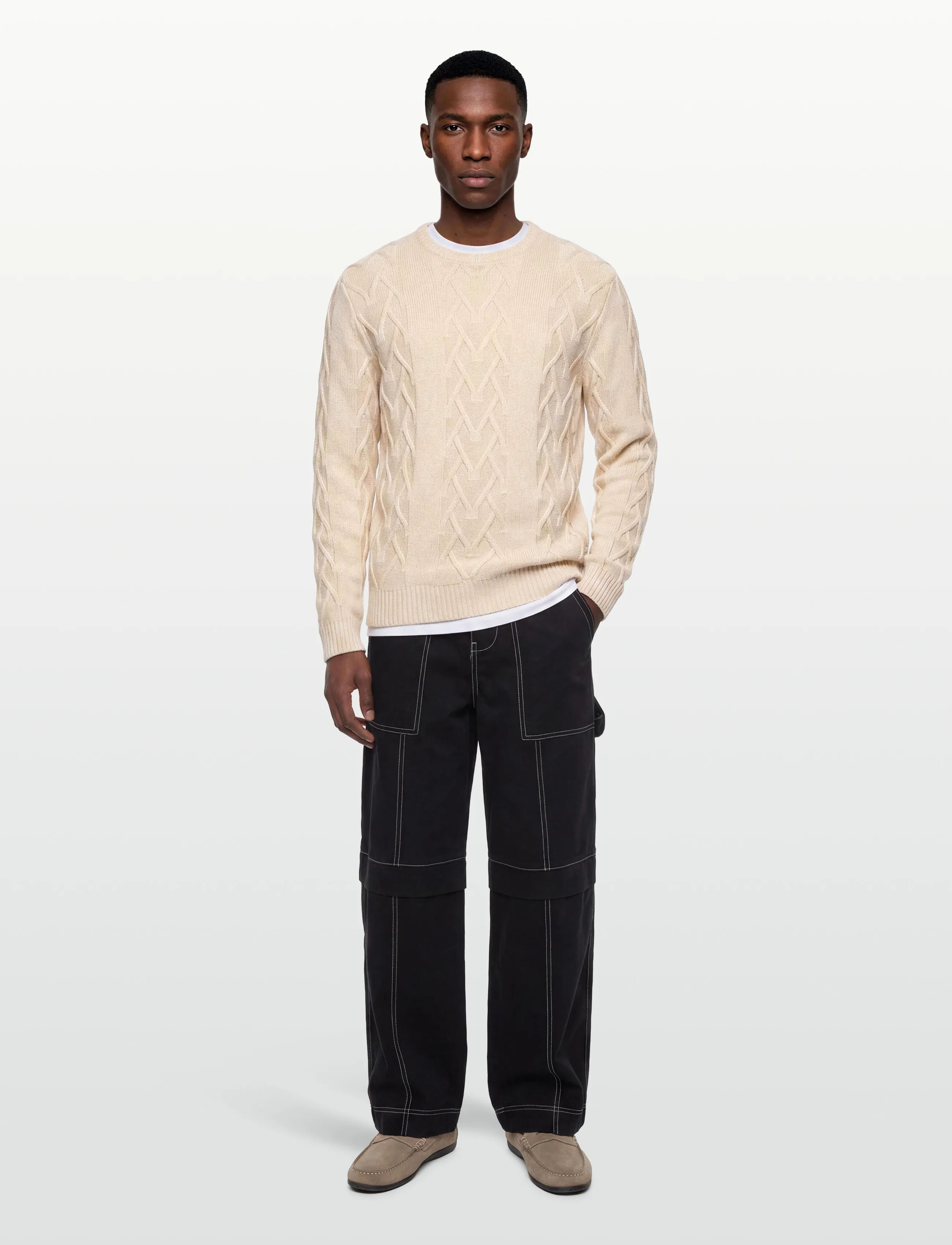Lindbergh Cable O-Neck Knit, L, Knitwear, Creme - Round Necks, Männerswear