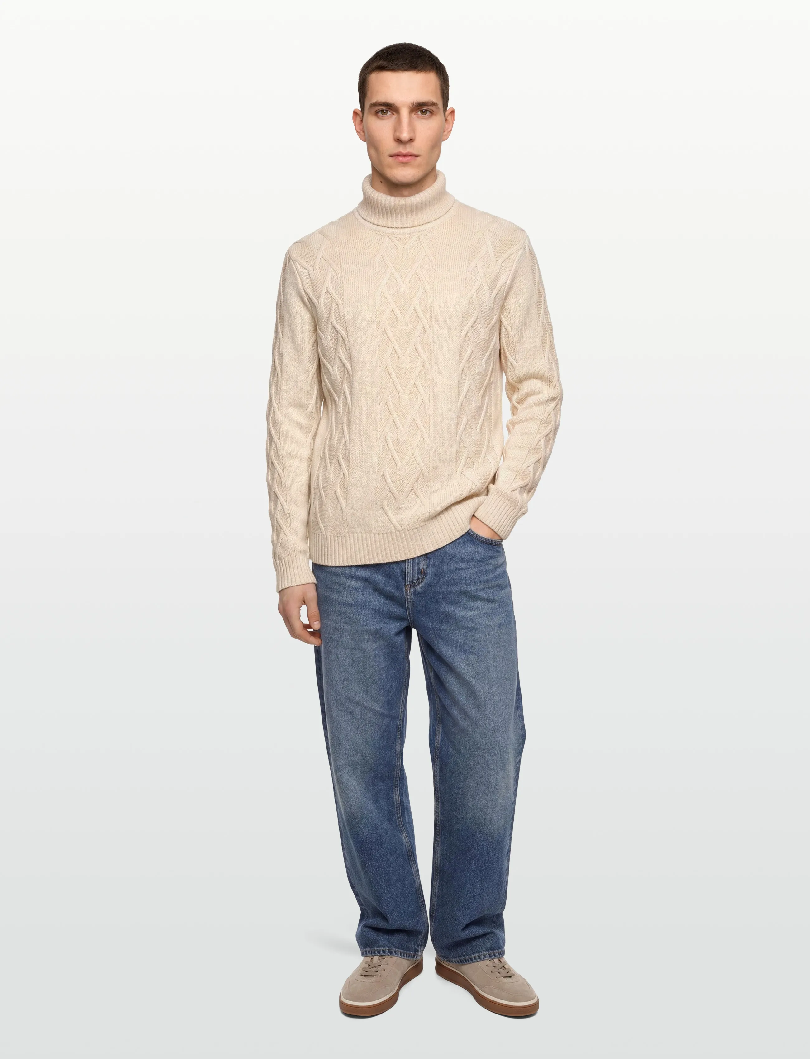 Lindbergh Cable Roll-Neck Knit, L, Knitwear, Creme - Turtlenecks, Männerswear