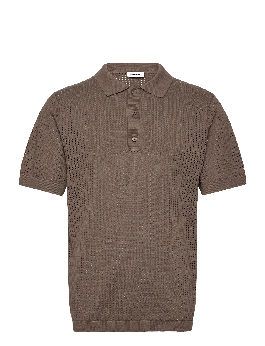 Lindbergh - Crochet knitted S/S v-neck polo - polostrik - dk stone - 1