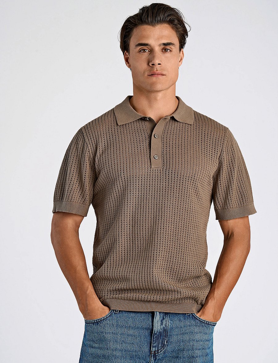 Lindbergh - Crochet knitted S/S v-neck polo - polostrik - dk stone - 0