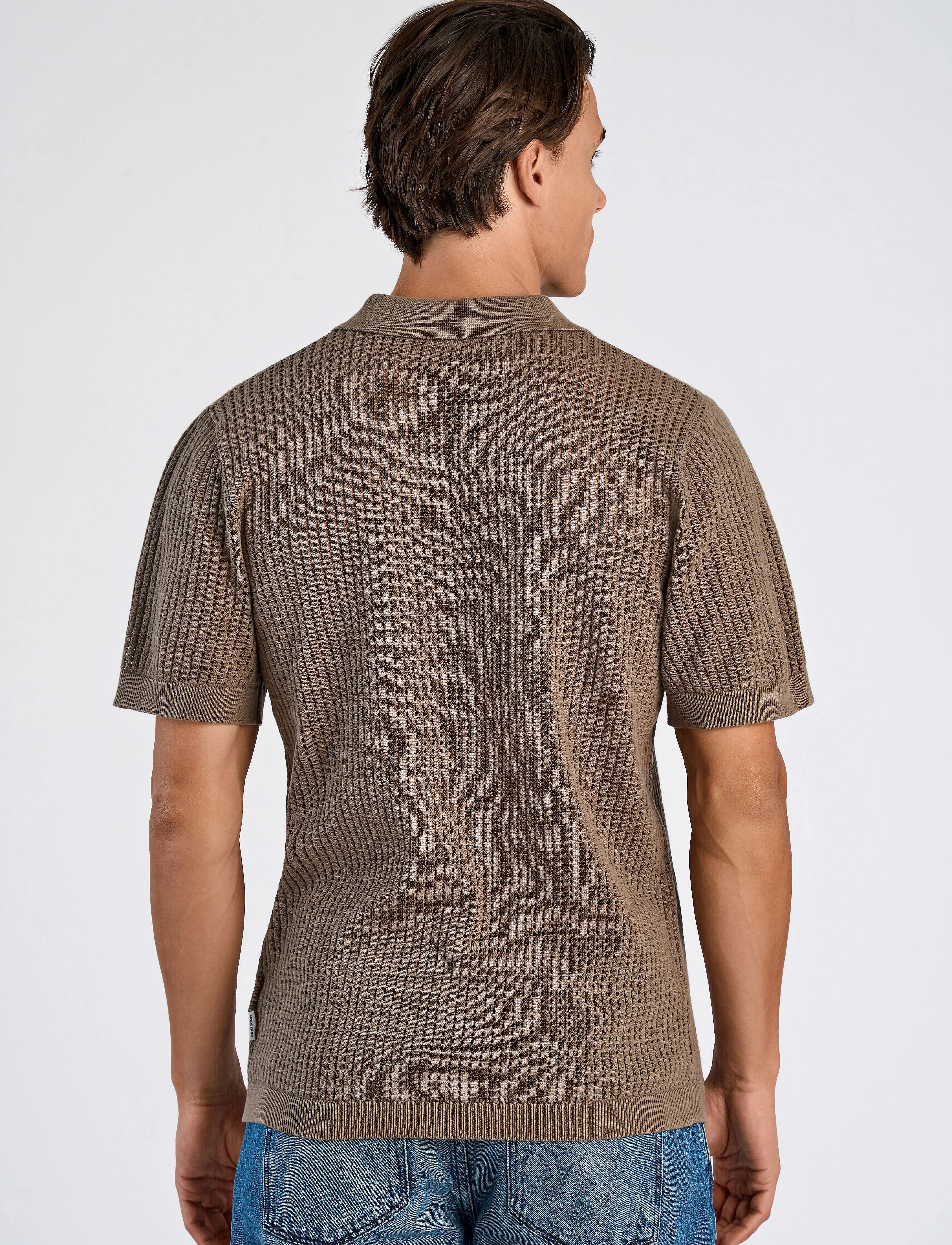 Lindbergh - Crochet knitted S/S v-neck polo - polostrik - dk stone - 3