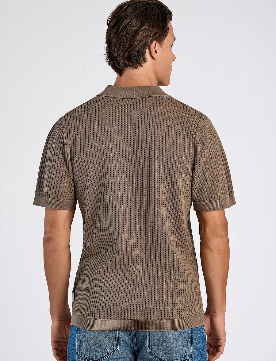 Lindbergh - Crochet knitted S/S v-neck polo - polostrik - dk stone - 3