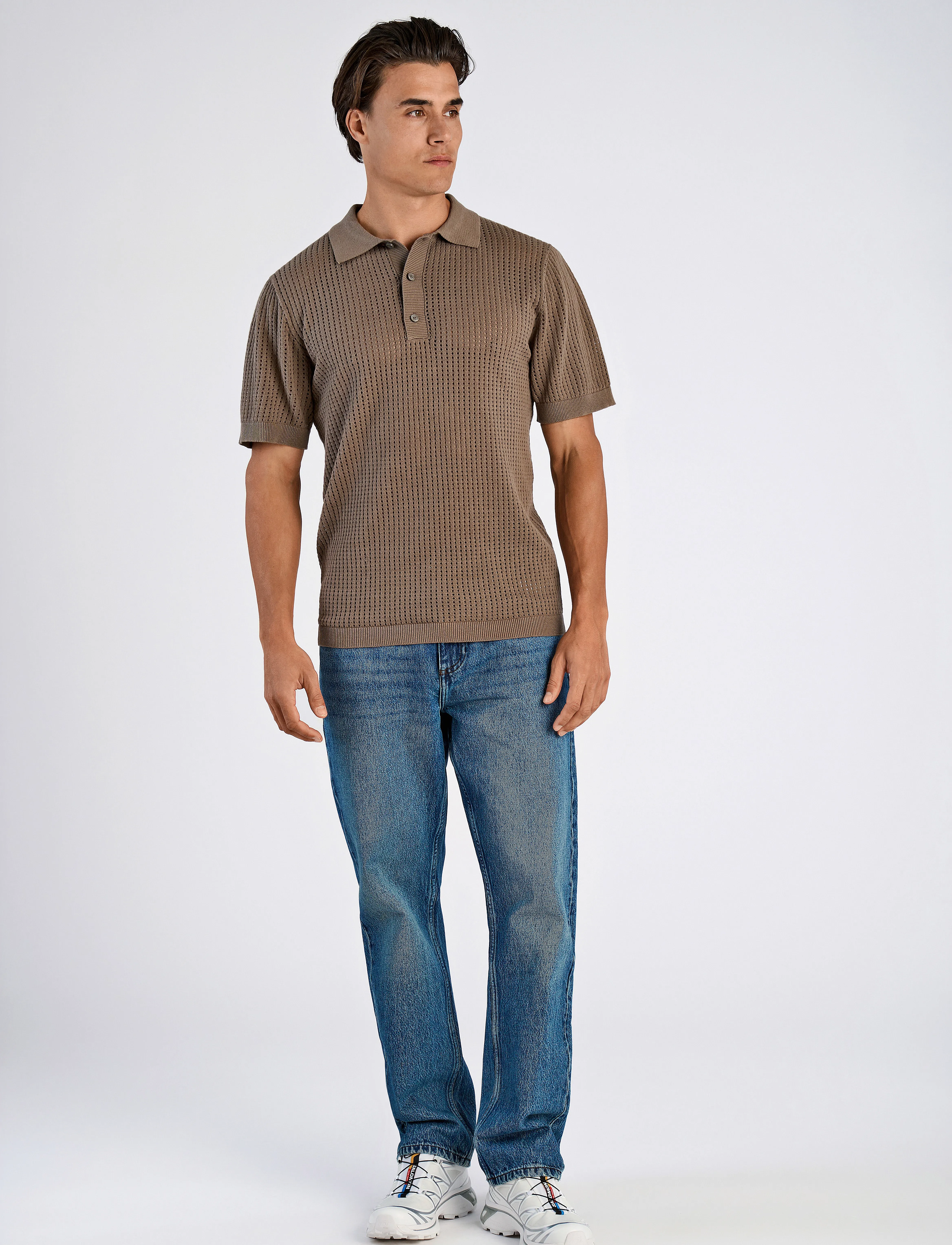 Lindbergh - Crochet knitted S/S v-neck polo - polostrik - dk stone - 4