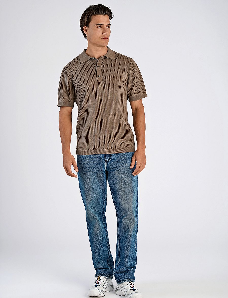 Lindbergh - Crochet knitted S/S v-neck polo - polostrik - dk stone - 4